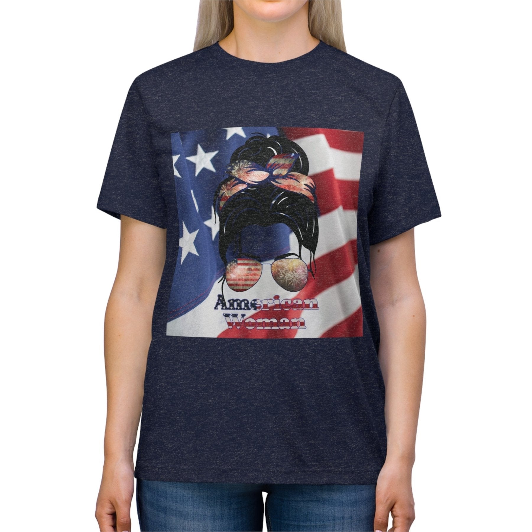 American Woman, Black Hair, American Flag Background, Unisex Triblend T-Shirt - Janlyn's Crafts