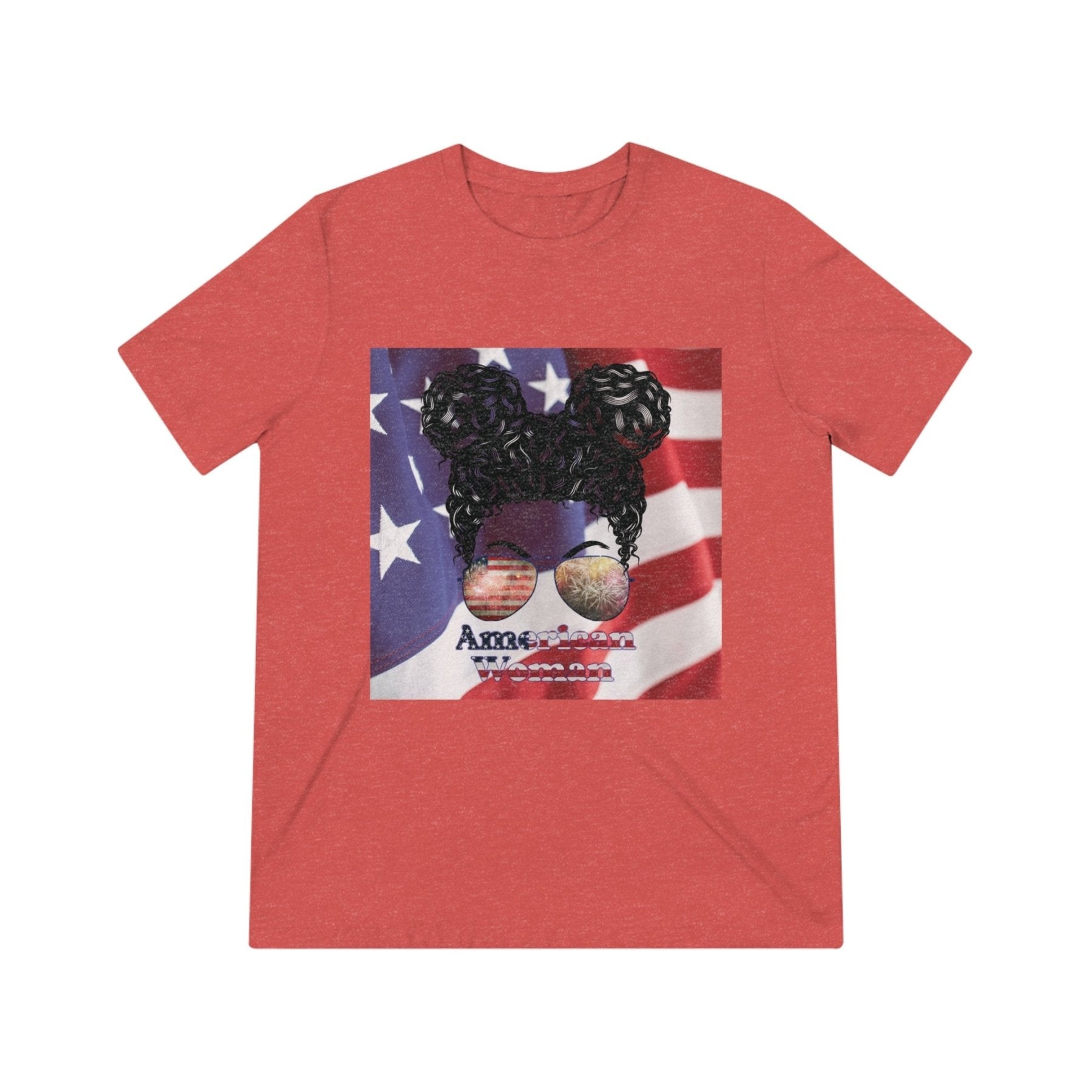 American Woman, Black Hair, American Flag Background, Unisex Triblend T-Shirt - Janlyn's Crafts