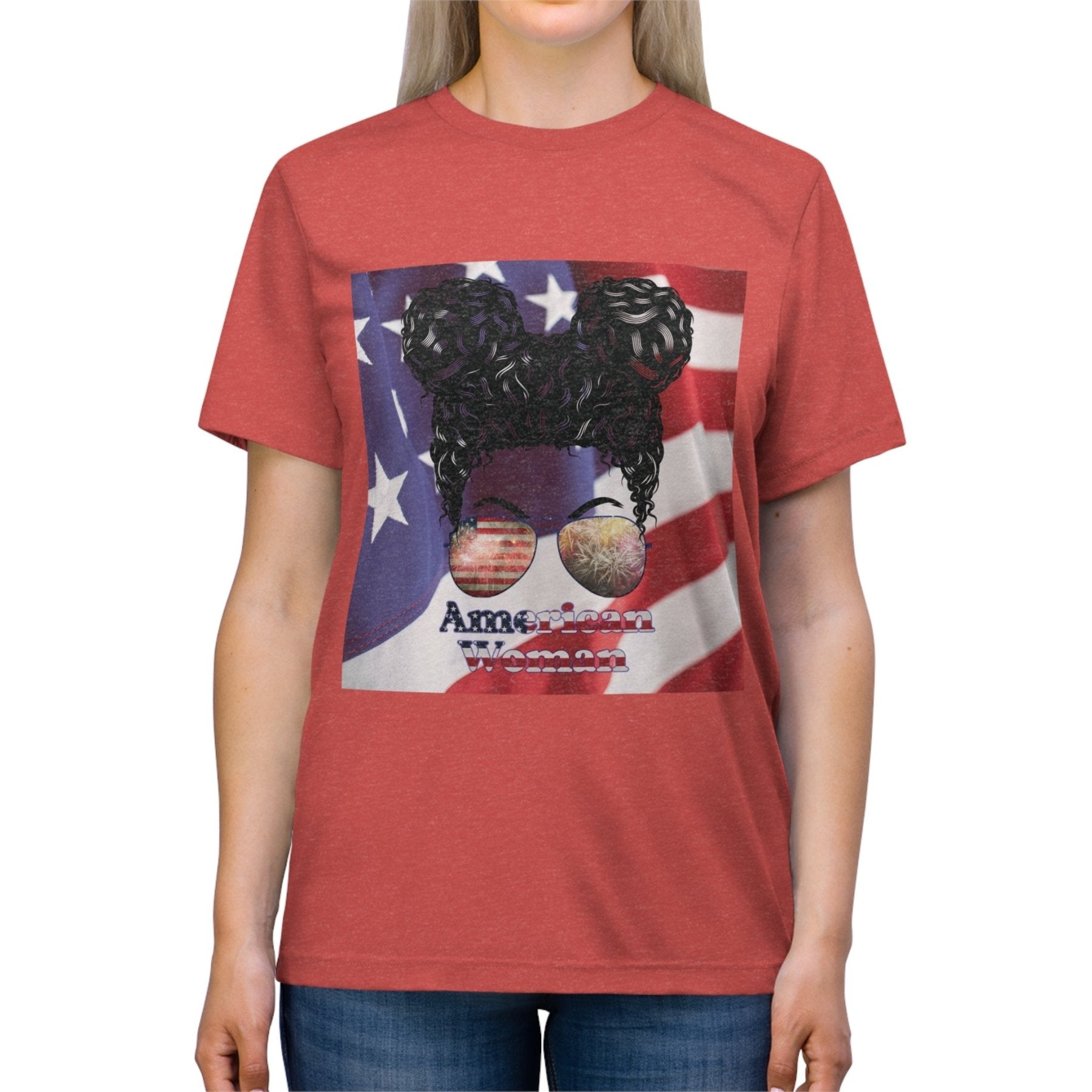 American Woman, Black Hair, American Flag Background, Unisex Triblend T-Shirt - Janlyn's Crafts