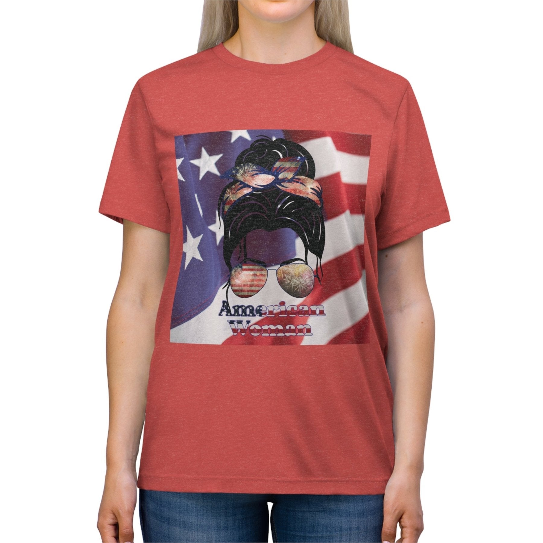 American Woman, Black Hair, American Flag Background, Unisex Triblend T-Shirt - Janlyn's Crafts