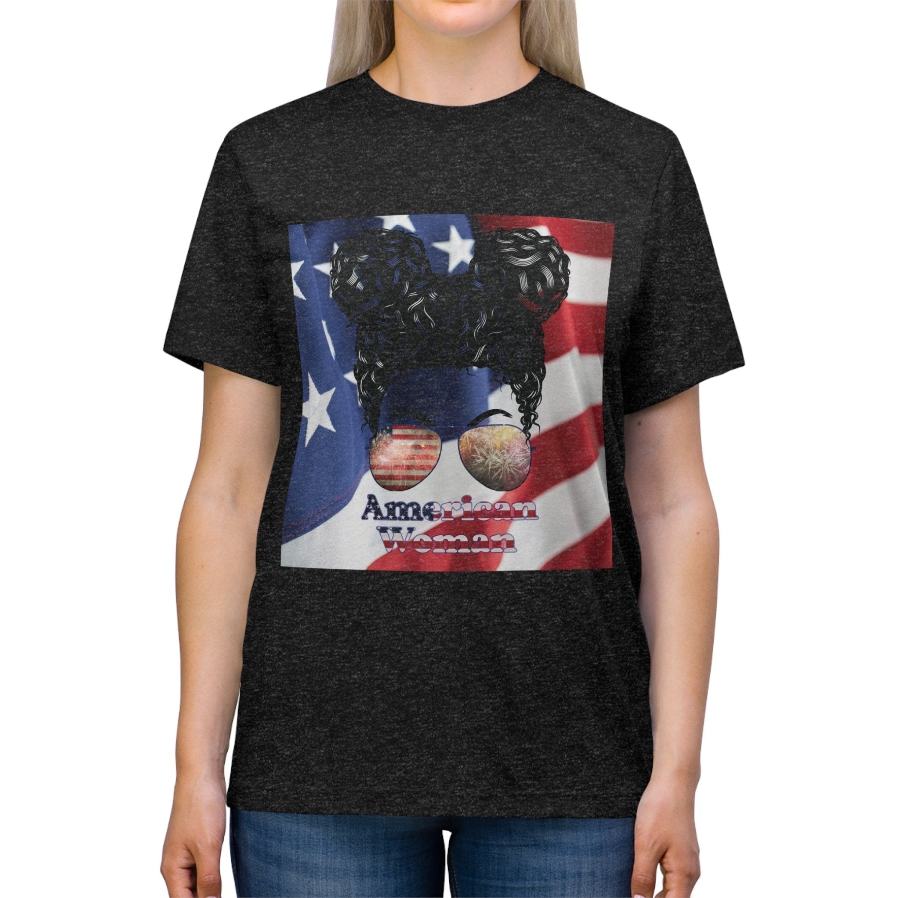 American Woman, Black Hair, American Flag Background, Unisex Triblend T-Shirt - Janlyn's Crafts