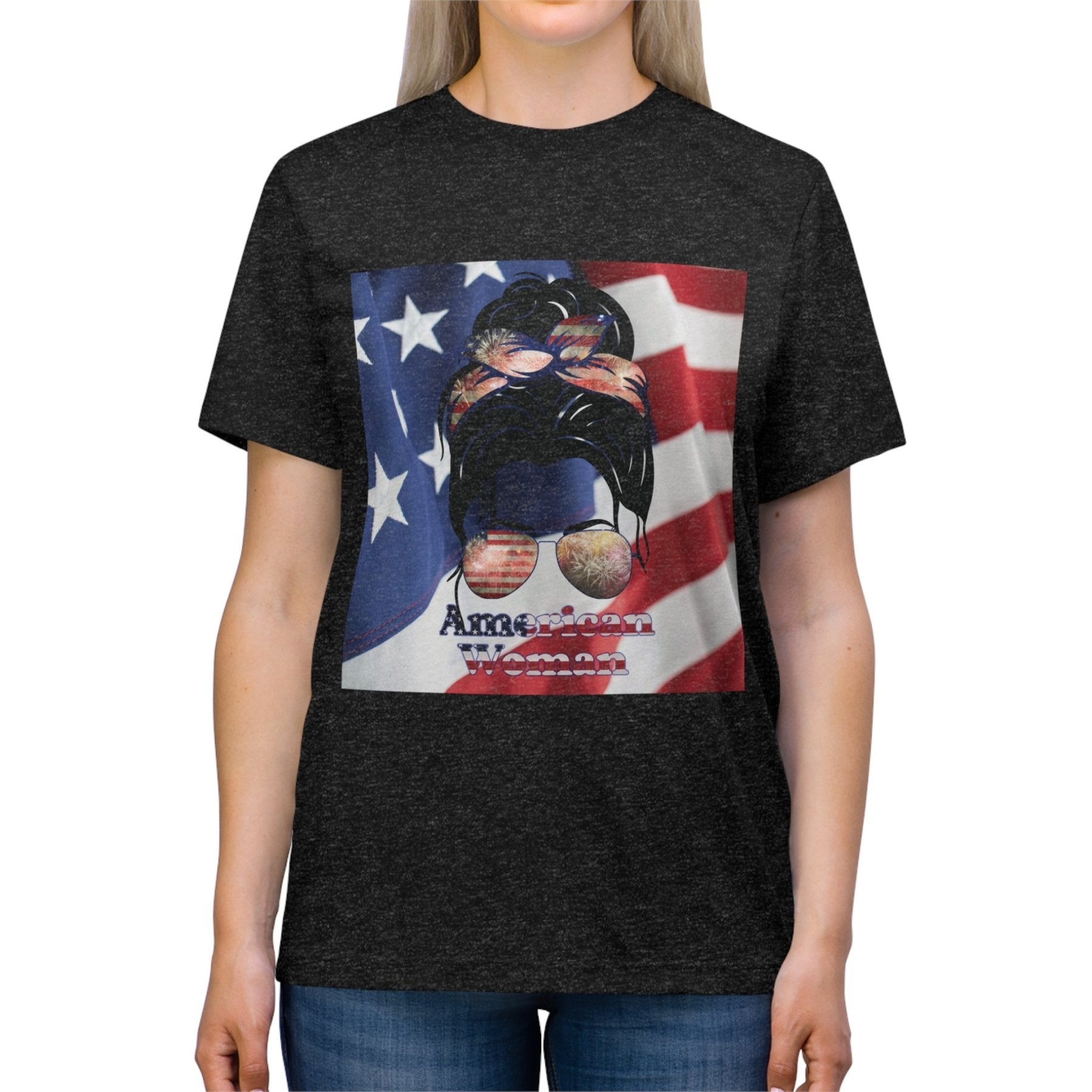 American Woman, Black Hair, American Flag Background, Unisex Triblend T-Shirt - Janlyn's Crafts