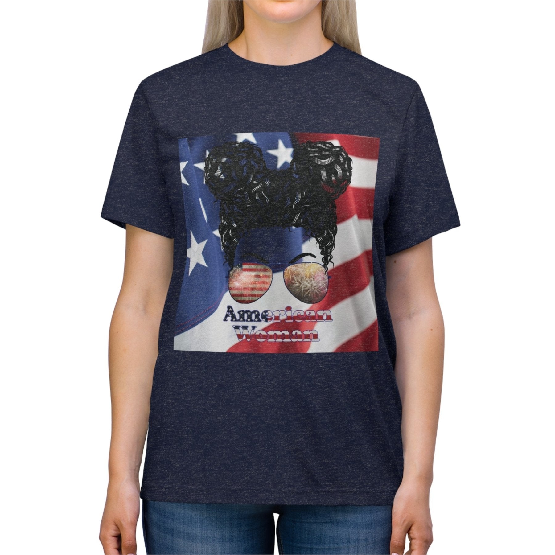 American Woman, Black Hair, American Flag Background, Unisex Triblend T-Shirt - Janlyn's Crafts