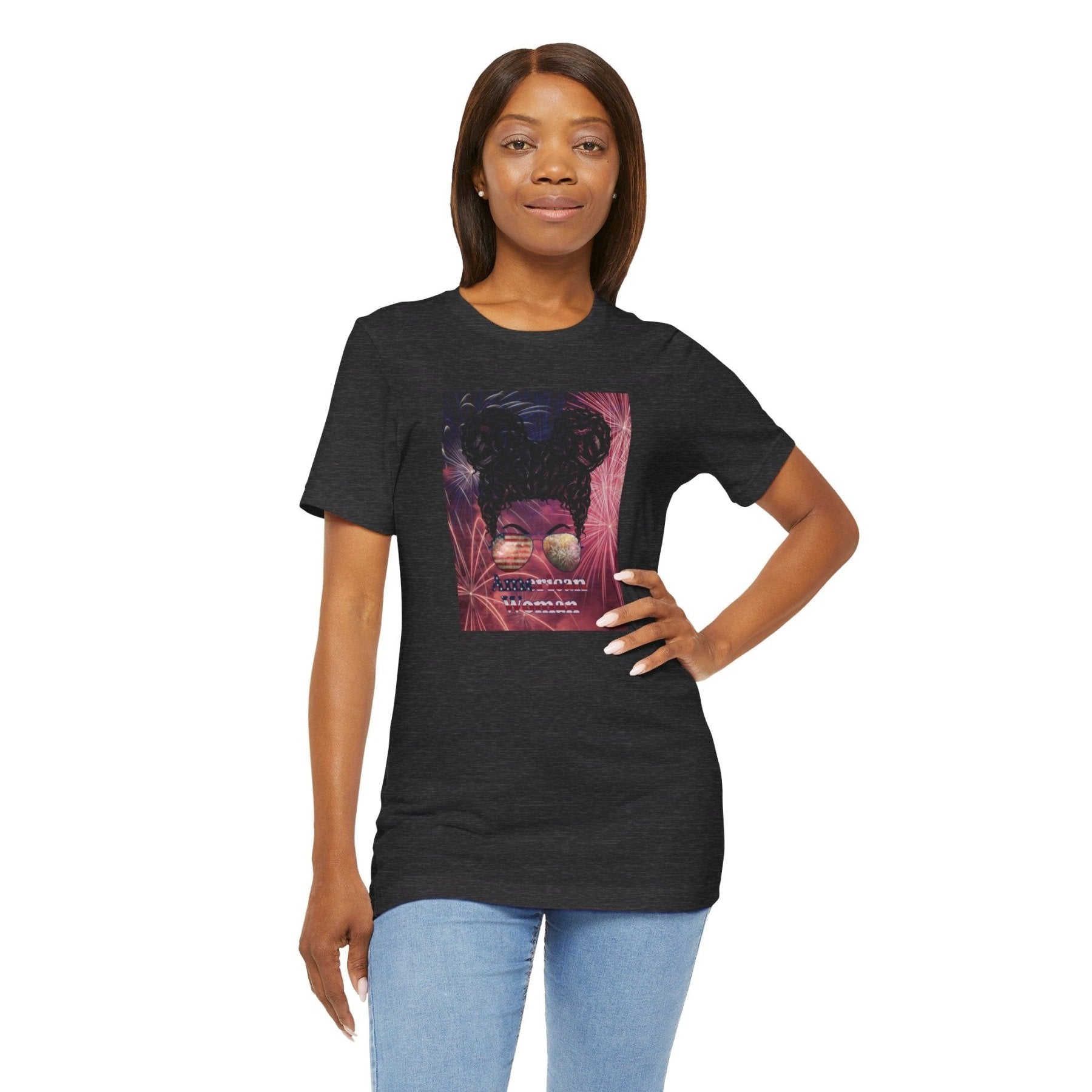 American Woman, Black Hair, Fireworks Background, Unisex Jersey Short Sleeve Tee - Janlyn's Crafts