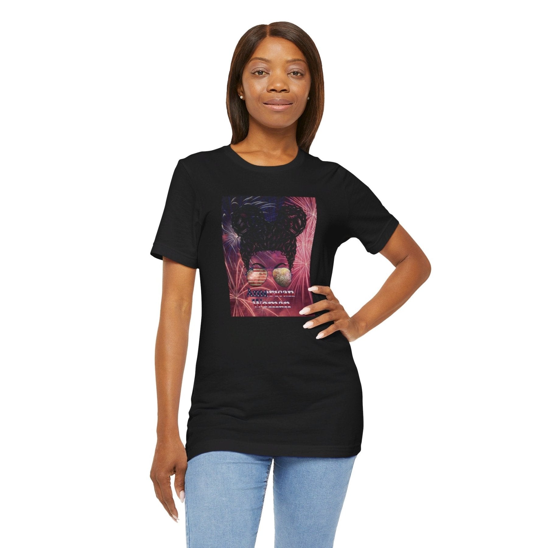 American Woman, Black Hair, Fireworks Background, Unisex Jersey Short Sleeve Tee - Janlyn's Crafts