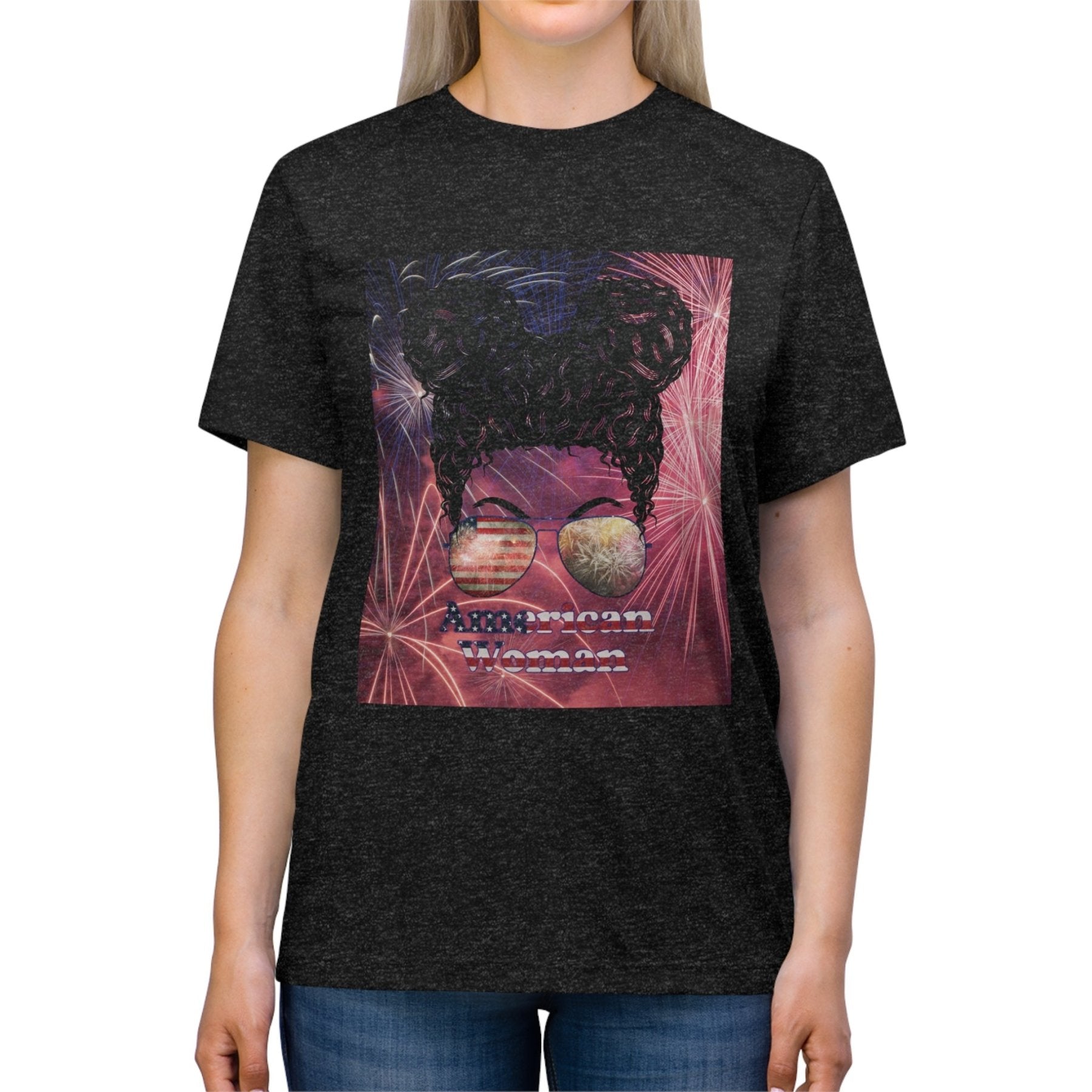 American Woman, Black Hair, Fireworks Background, Unisex Triblend T-Shirt - Janlyn's Crafts