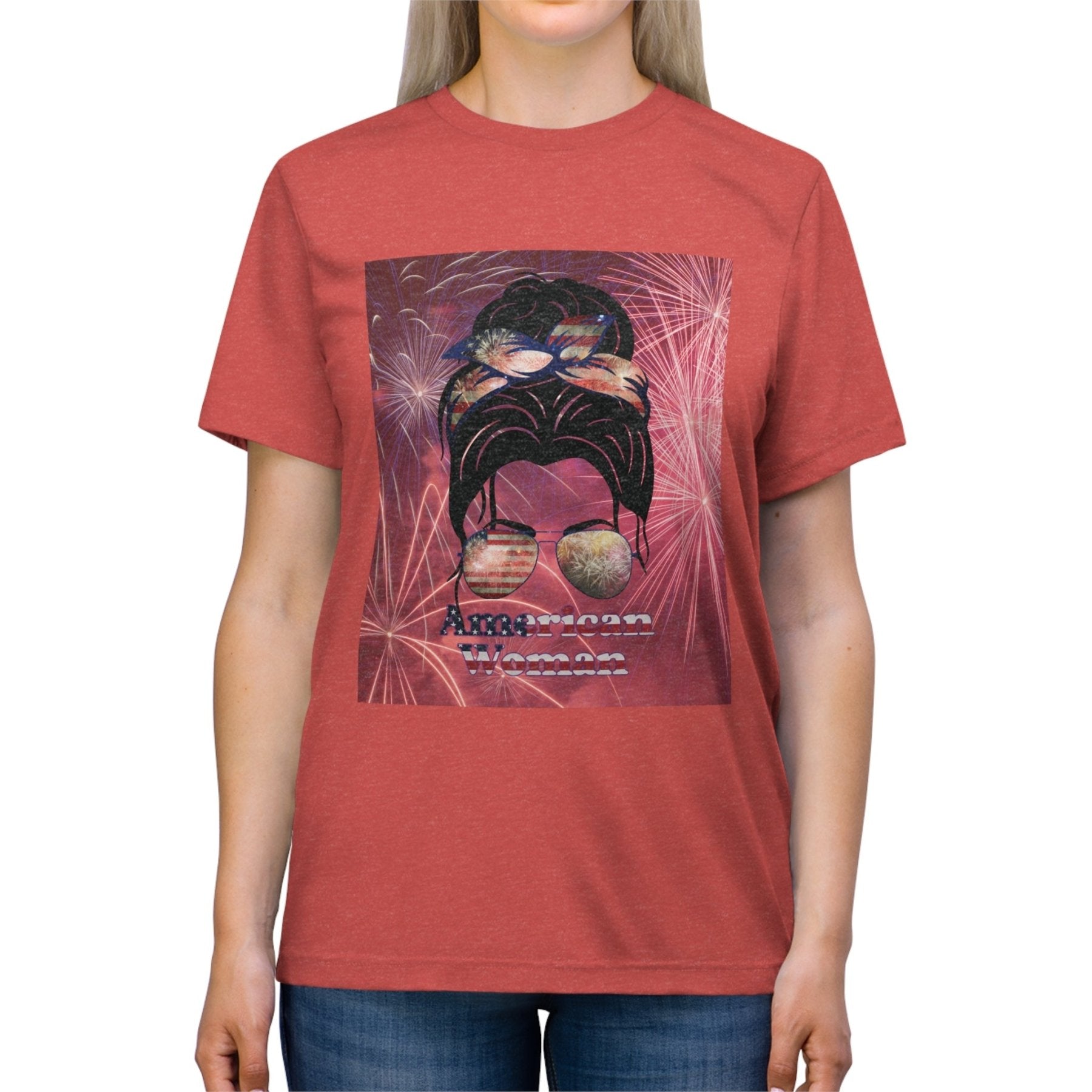 American Woman, Black Hair, Fireworks Background, Unisex Triblend T-Shirt - Janlyn's Crafts