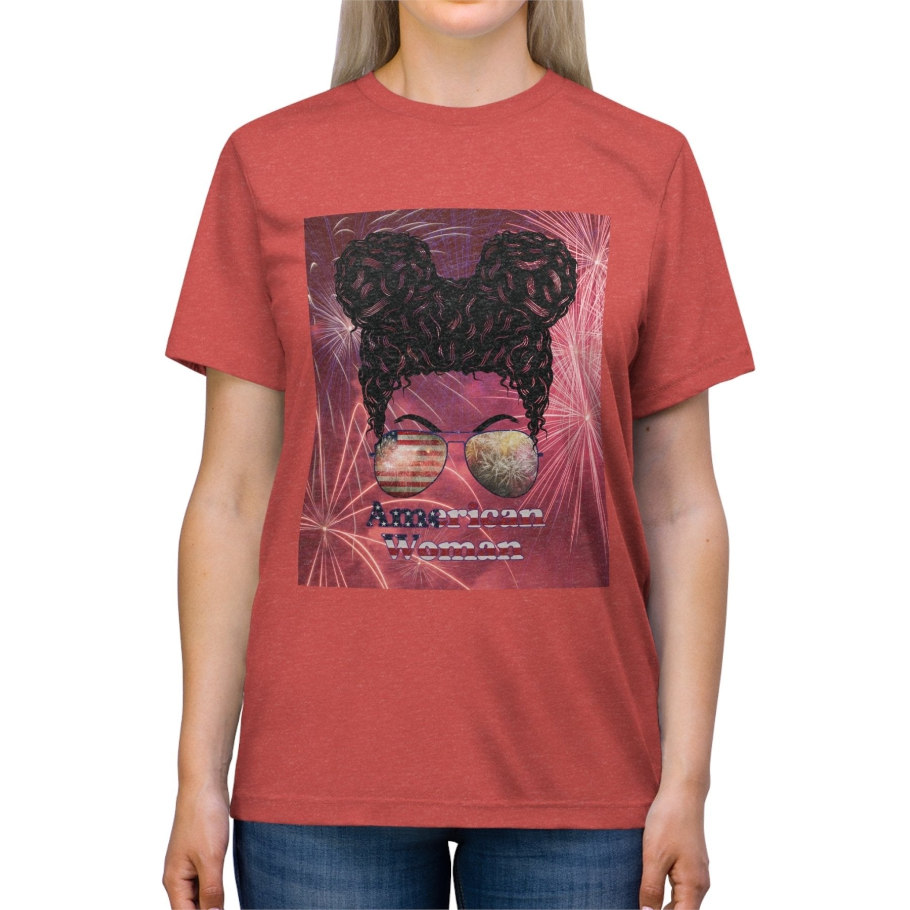 American Woman, Black Hair, Fireworks Background, Unisex Triblend T-Shirt - Janlyn's Crafts