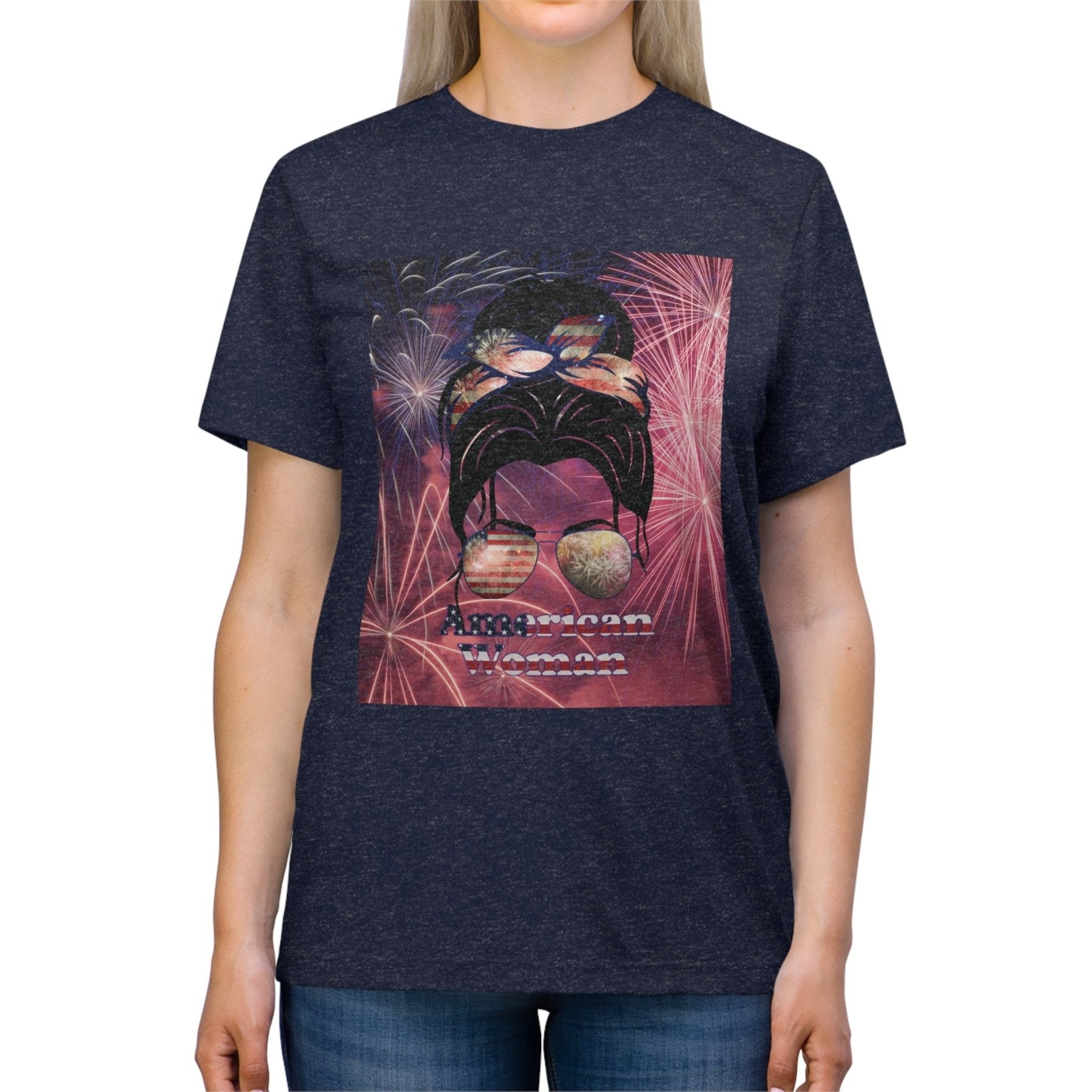 American Woman, Black Hair, Fireworks Background, Unisex Triblend T-Shirt - Janlyn's Crafts