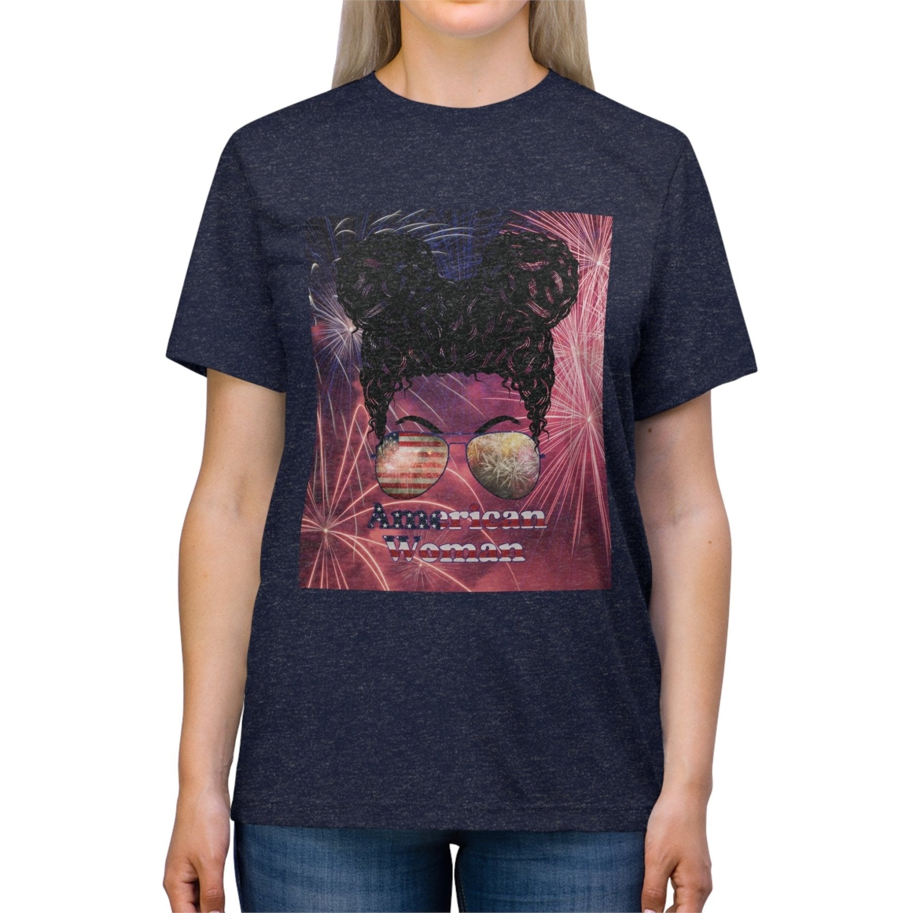 American Woman, Black Hair, Fireworks Background, Unisex Triblend T-Shirt - Janlyn's Crafts