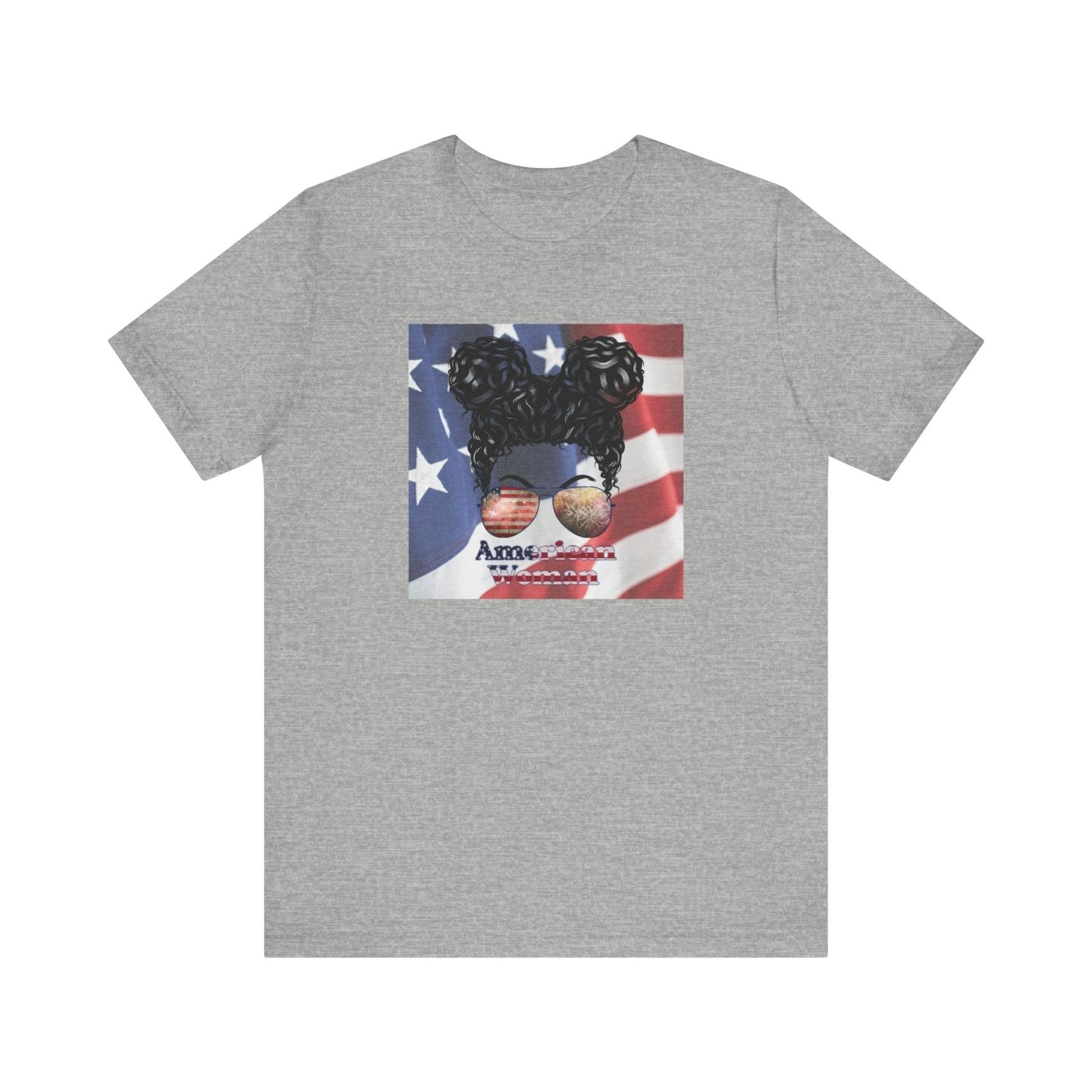 American Woman, Black Hair, Flag Background, Unisex Jersey Short Sleeve Tee - Janlyn's Crafts