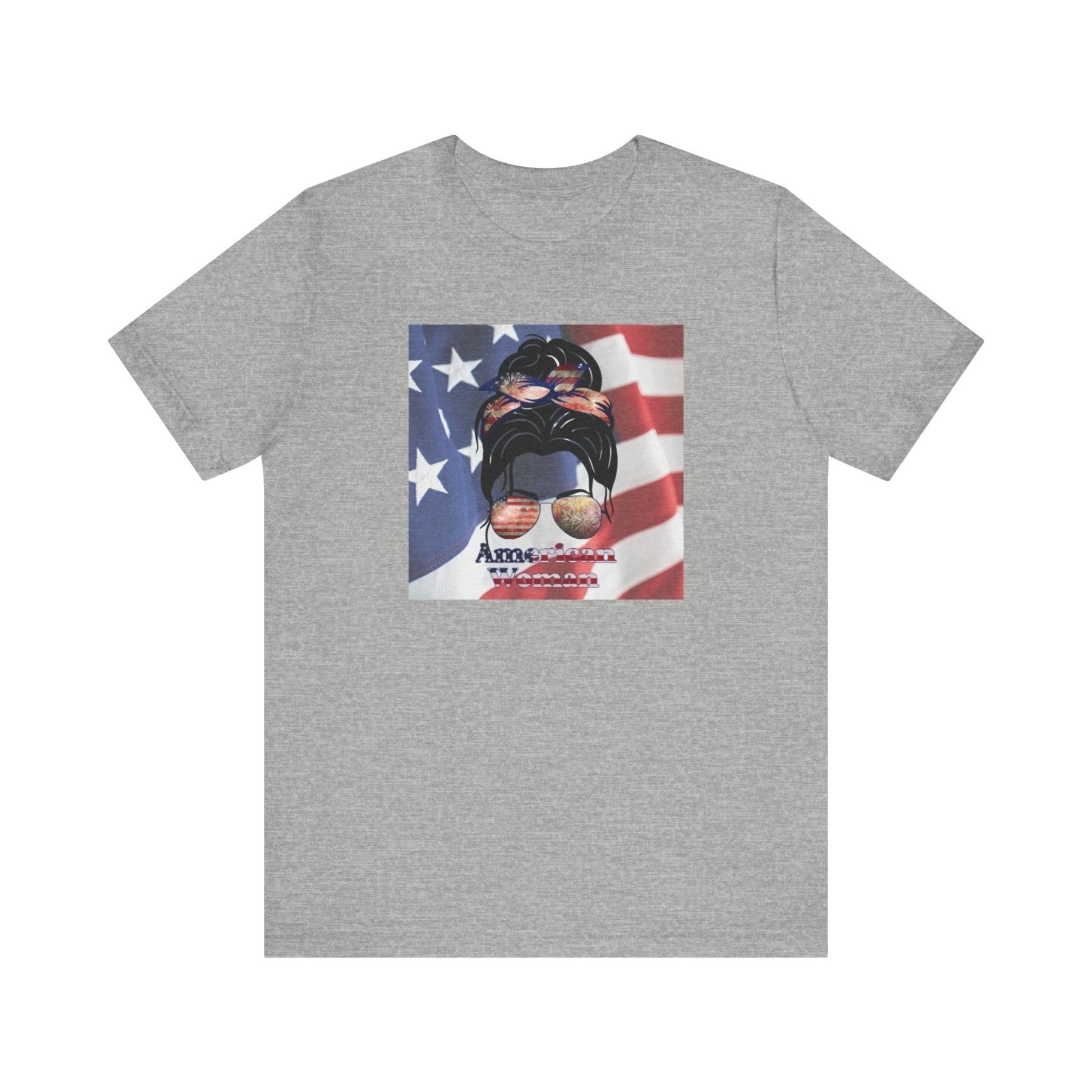 American Woman, Black Hair, Flag Background, Unisex Jersey Short Sleeve Tee - Janlyn's Crafts