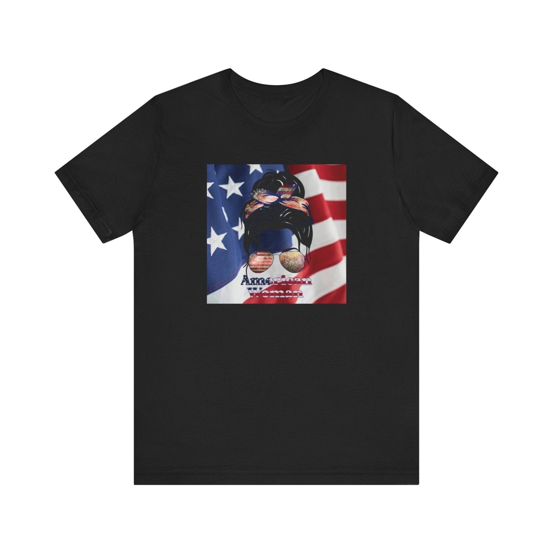 American Woman, Black Hair, Flag Background, Unisex Jersey Short Sleeve Tee - Janlyn's Crafts