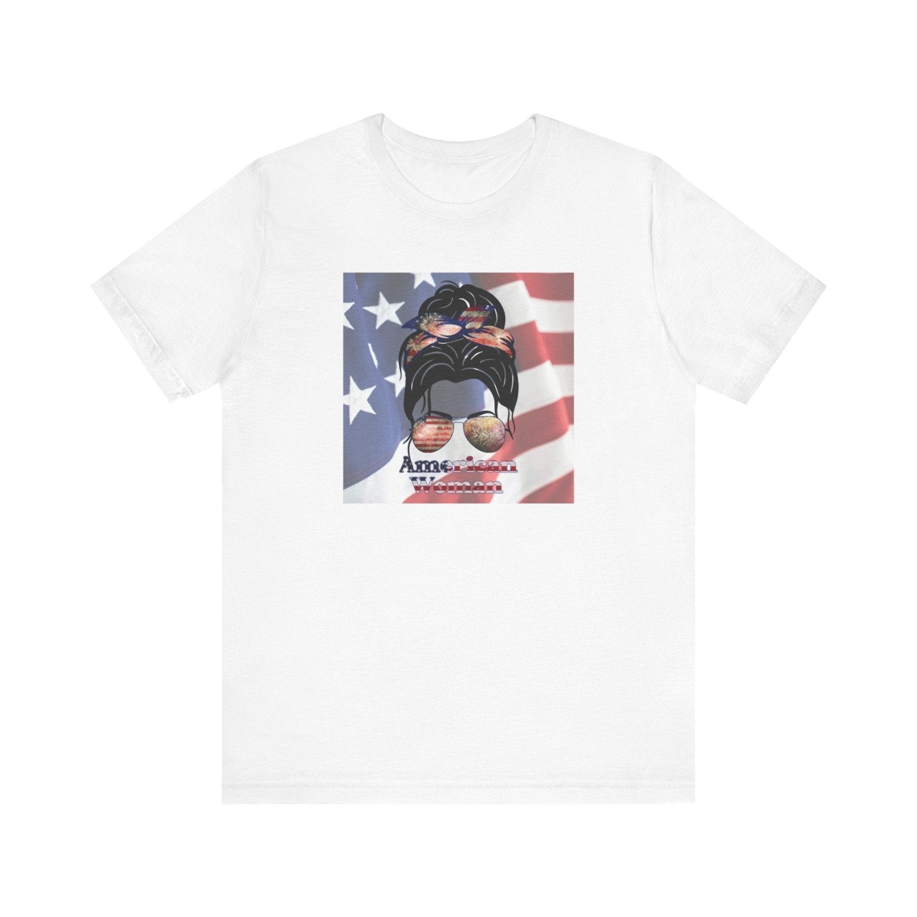 American Woman, Black Hair, Flag Background, Unisex Jersey Short Sleeve Tee - Janlyn's Crafts