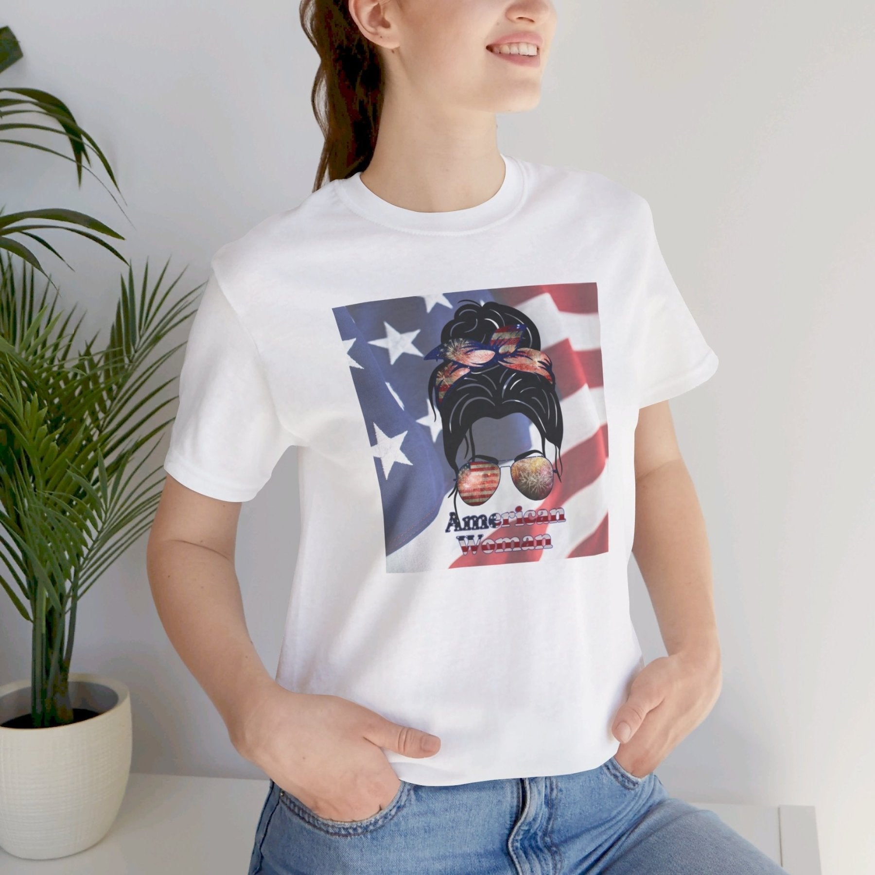 American Woman, Black Hair, Flag Background, Unisex Jersey Short Sleeve Tee - Janlyn's Crafts