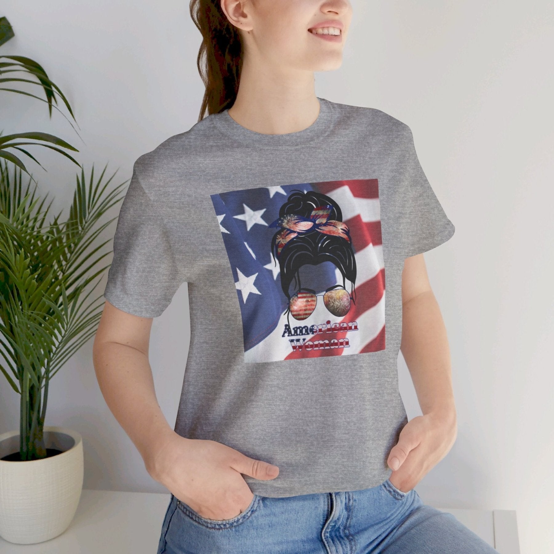 American Woman, Black Hair, Flag Background, Unisex Jersey Short Sleeve Tee - Janlyn's Crafts