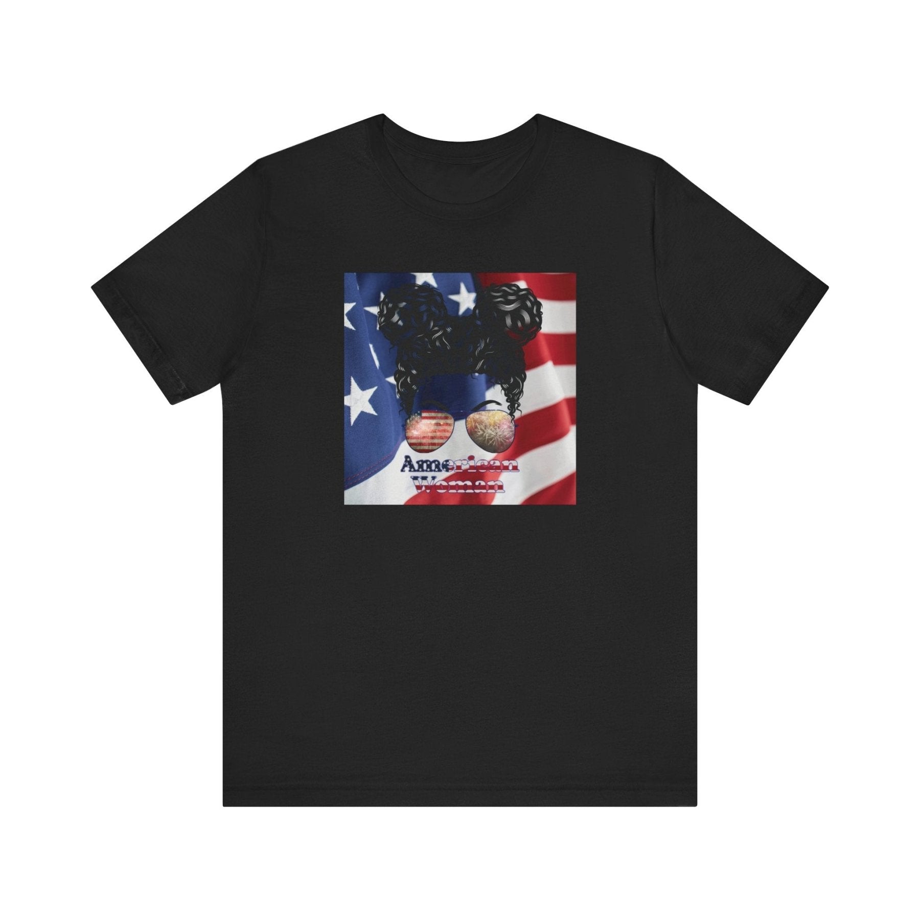 American Woman, Black Hair, Flag Background, Unisex Jersey Short Sleeve Tee - Janlyn's Crafts