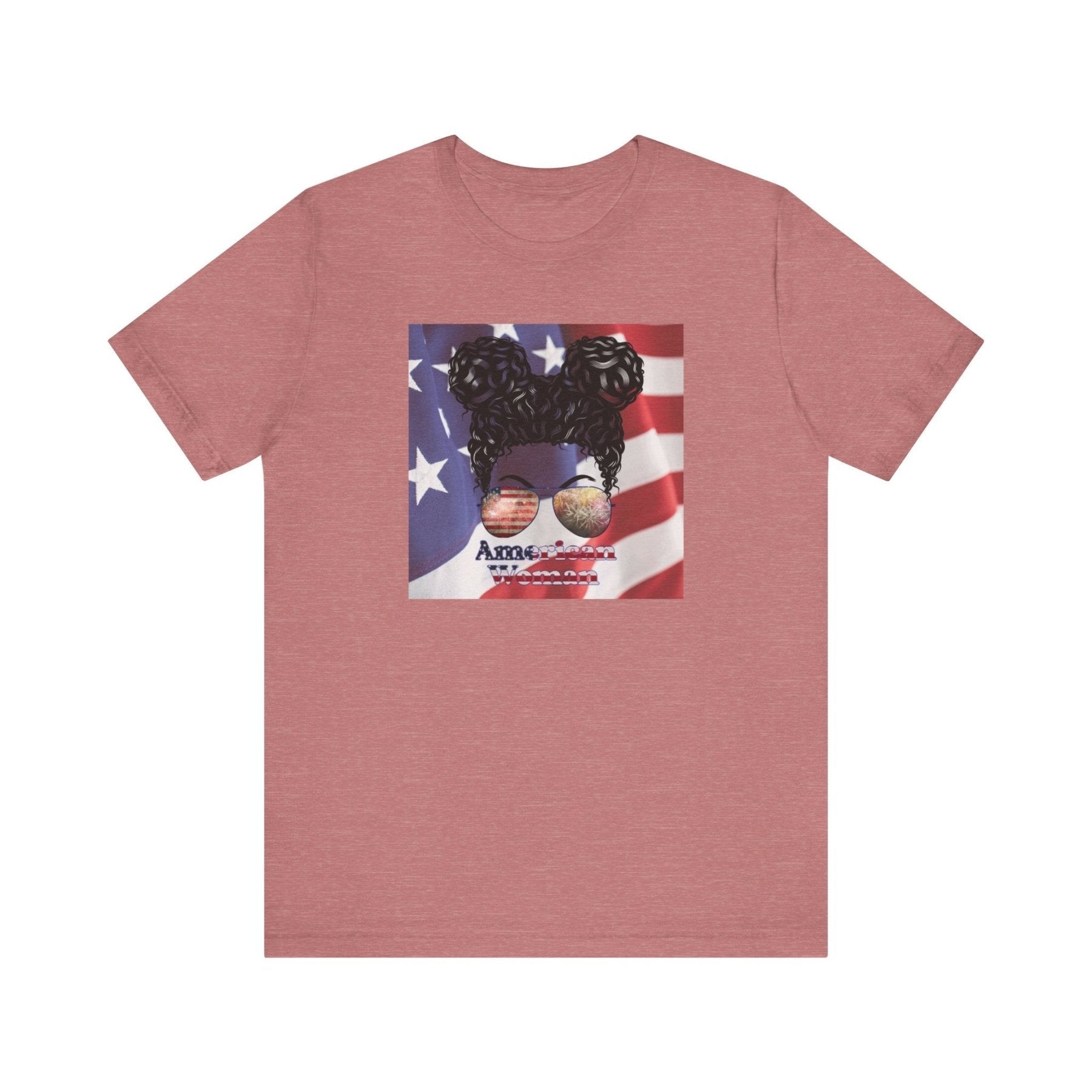 American Woman, Black Hair, Flag Background, Unisex Jersey Short Sleeve Tee - Janlyn's Crafts