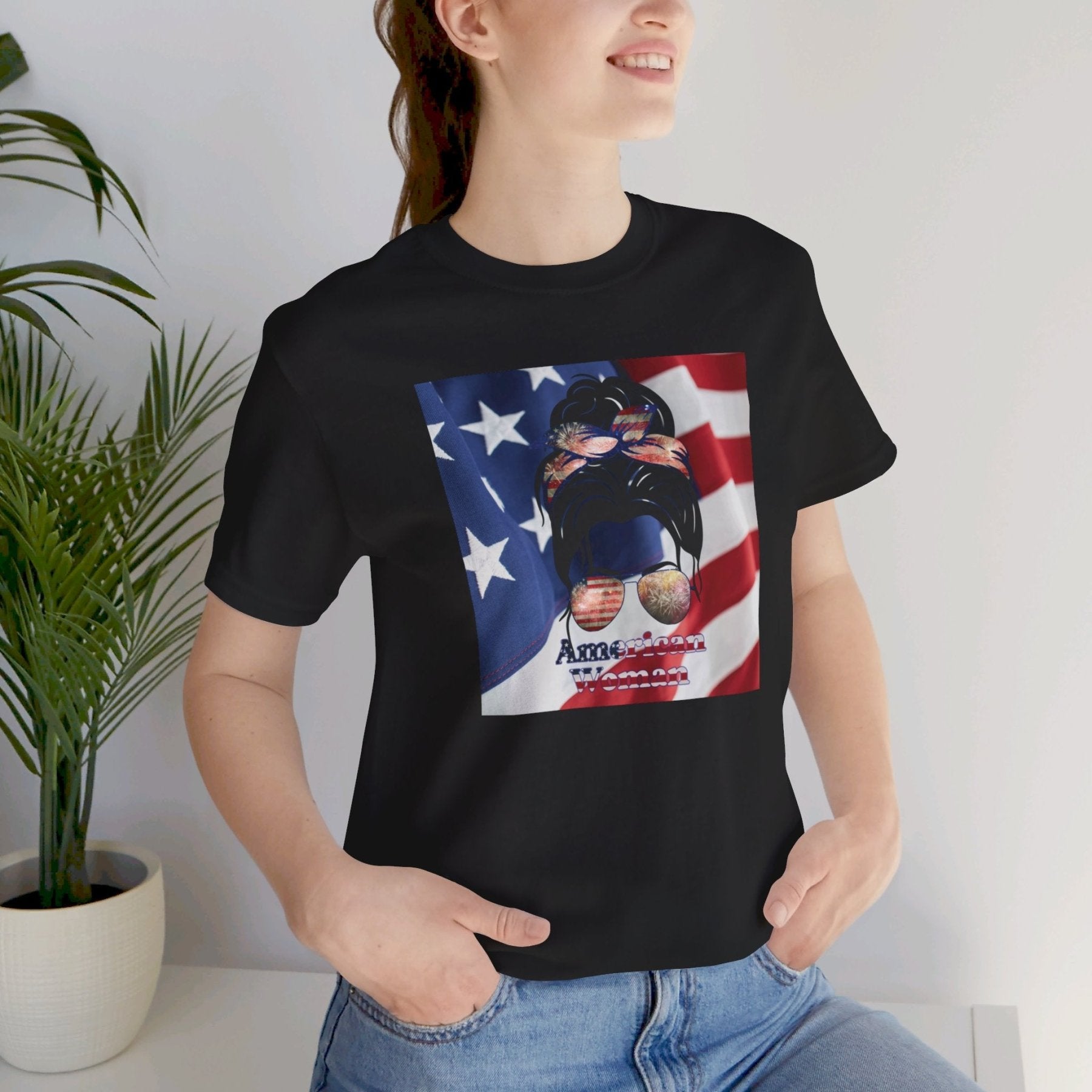 American Woman, Black Hair, Flag Background, Unisex Jersey Short Sleeve Tee - Janlyn's Crafts