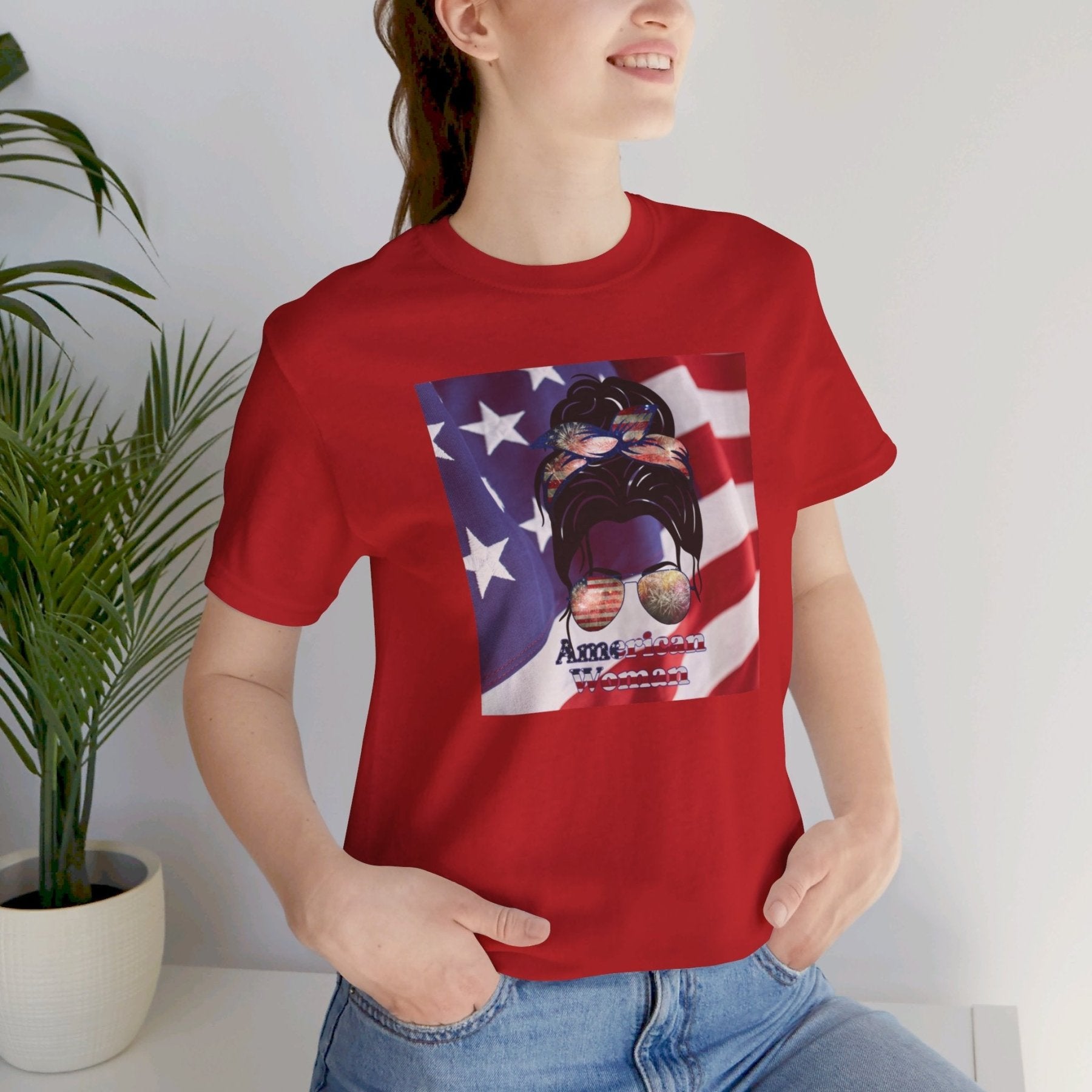 American Woman, Black Hair, Flag Background, Unisex Jersey Short Sleeve Tee - Janlyn's Crafts