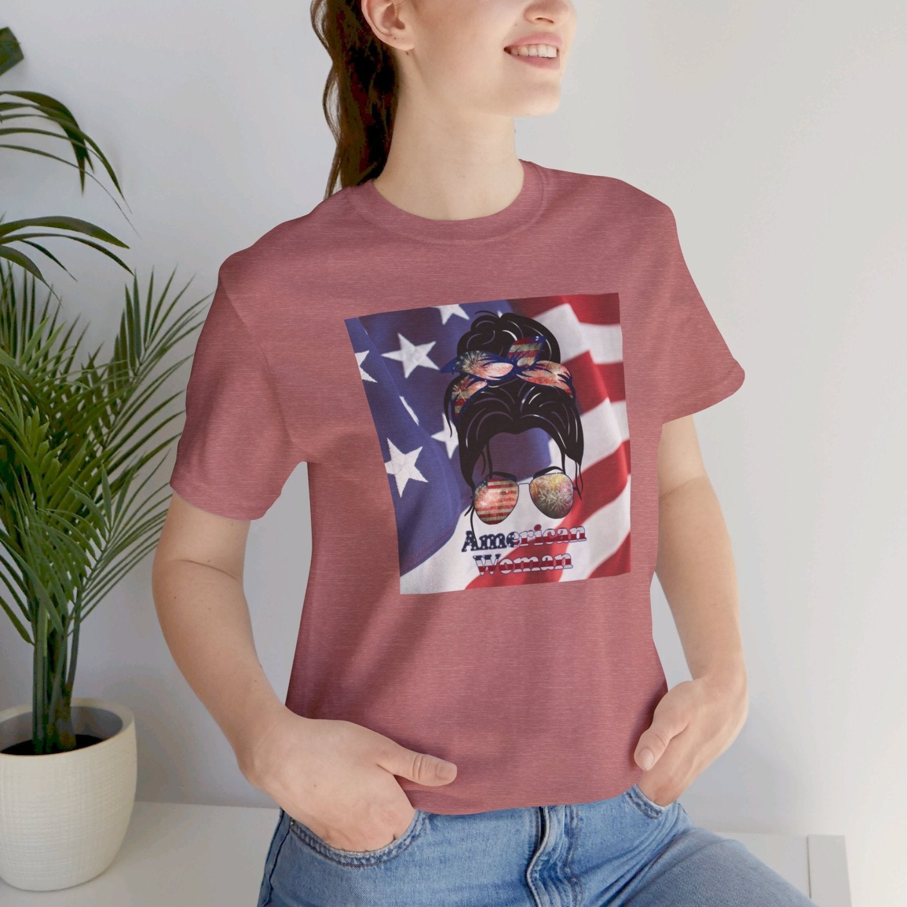 American Woman, Black Hair, Flag Background, Unisex Jersey Short Sleeve Tee - Janlyn's Crafts