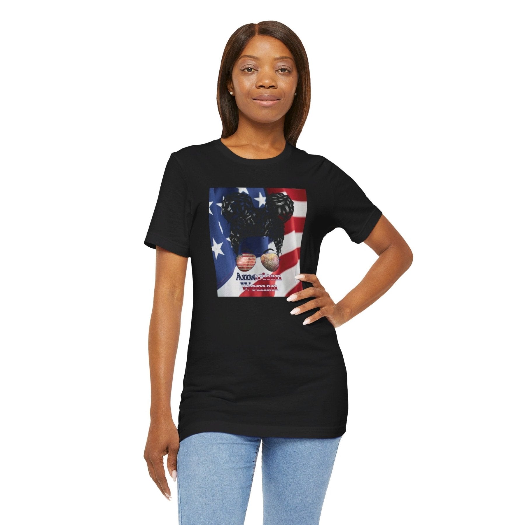 American Woman, Black Hair, Flag Background, Unisex Jersey Short Sleeve Tee - Janlyn's Crafts