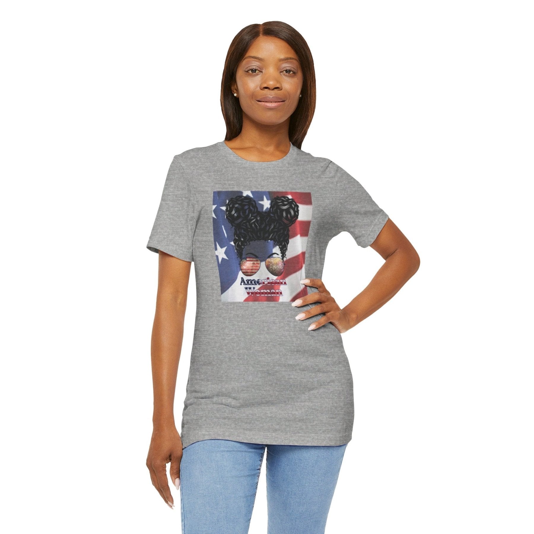 American Woman, Black Hair, Flag Background, Unisex Jersey Short Sleeve Tee - Janlyn's Crafts