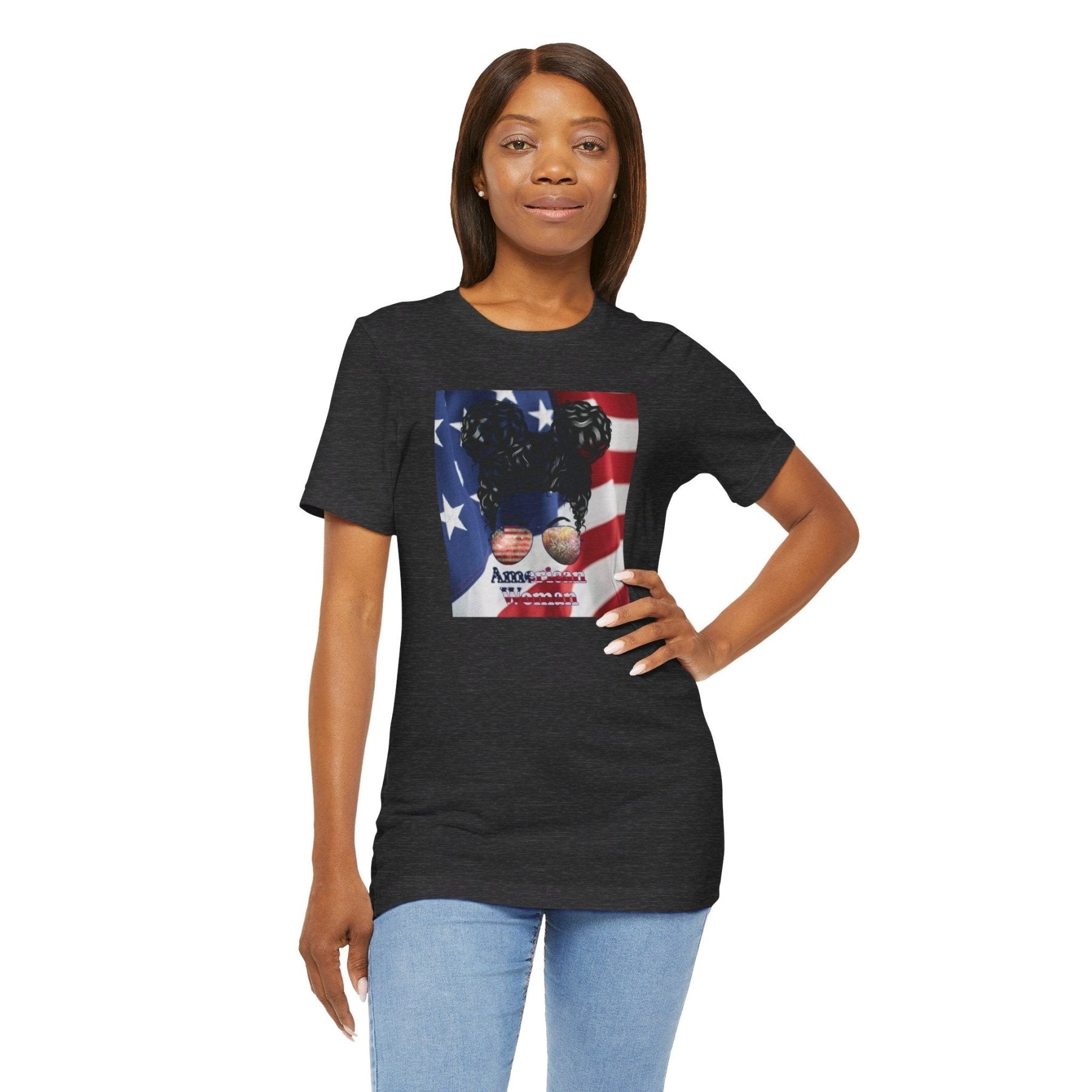 American Woman, Black Hair, Flag Background, Unisex Jersey Short Sleeve Tee - Janlyn's Crafts