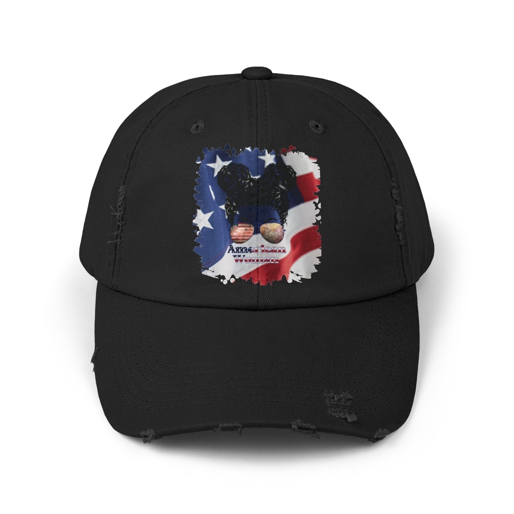 American Woman, Black Hair Messy Bun, Patriotic, Unisex Distressed Cap - Janlyn's Crafts