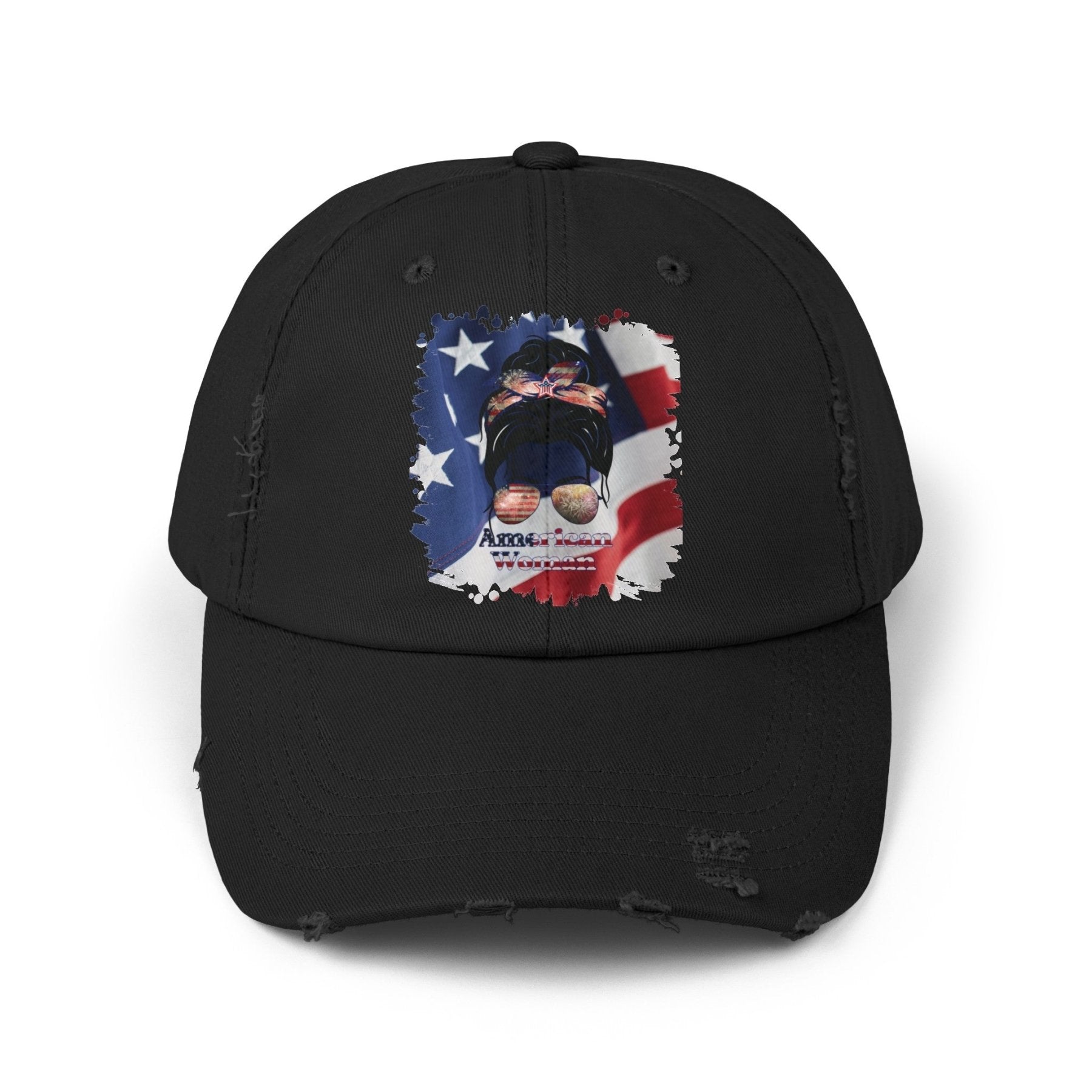 American Woman, Black Hair Messy Bun, Patriotic, Unisex Distressed Cap - Janlyn's Crafts