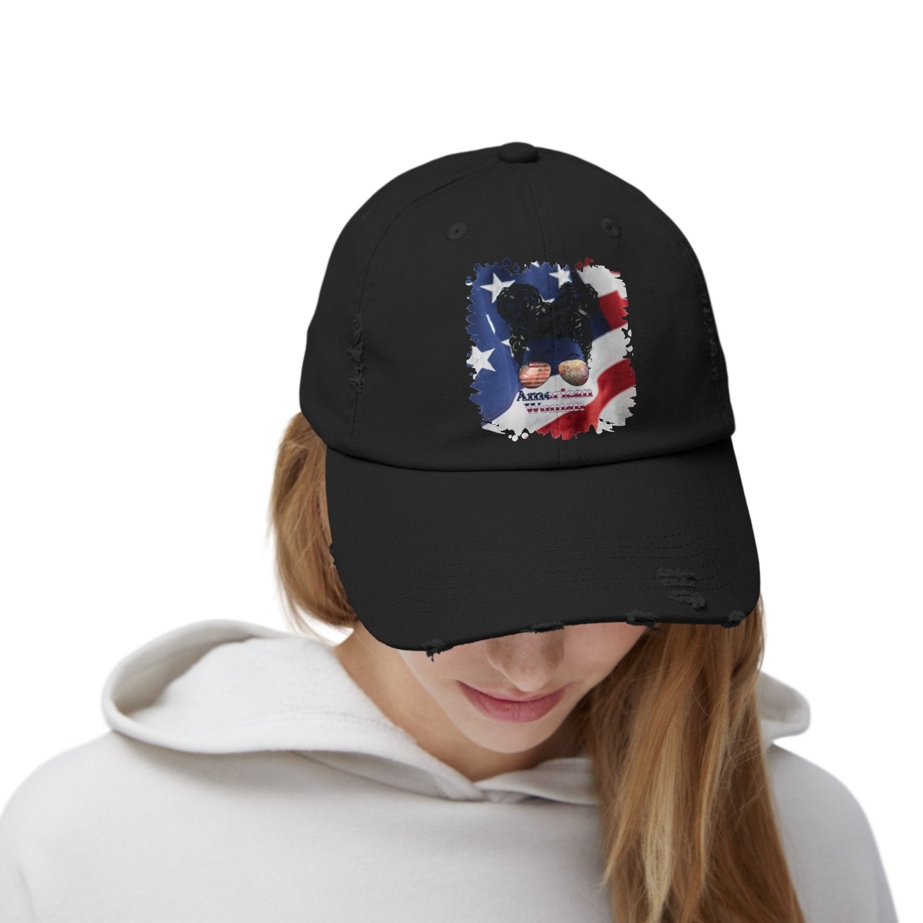 American Woman, Black Hair Messy Bun, Patriotic, Unisex Distressed Cap - Janlyn's Crafts