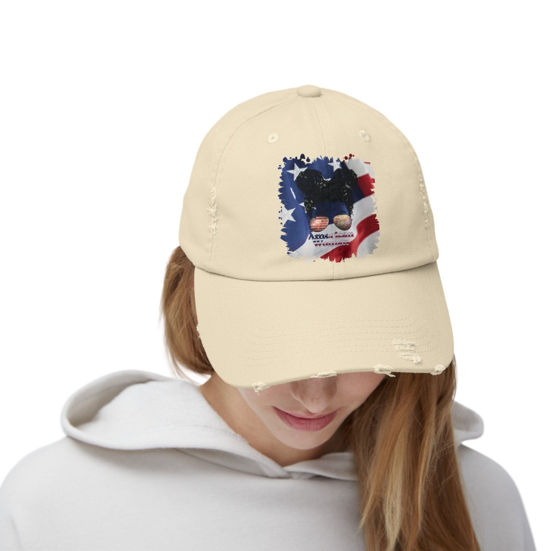 American Woman, Black Hair Messy Bun, Patriotic, Unisex Distressed Cap - Janlyn's Crafts