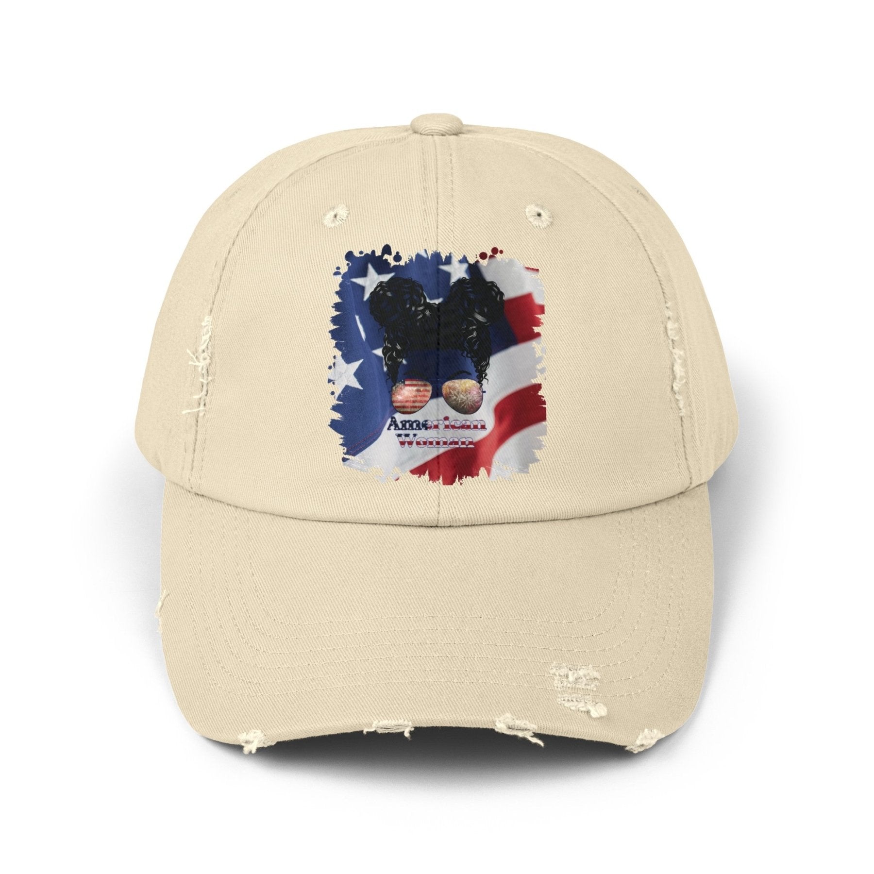 American Woman, Black Hair Messy Bun, Patriotic, Unisex Distressed Cap - Janlyn's Crafts