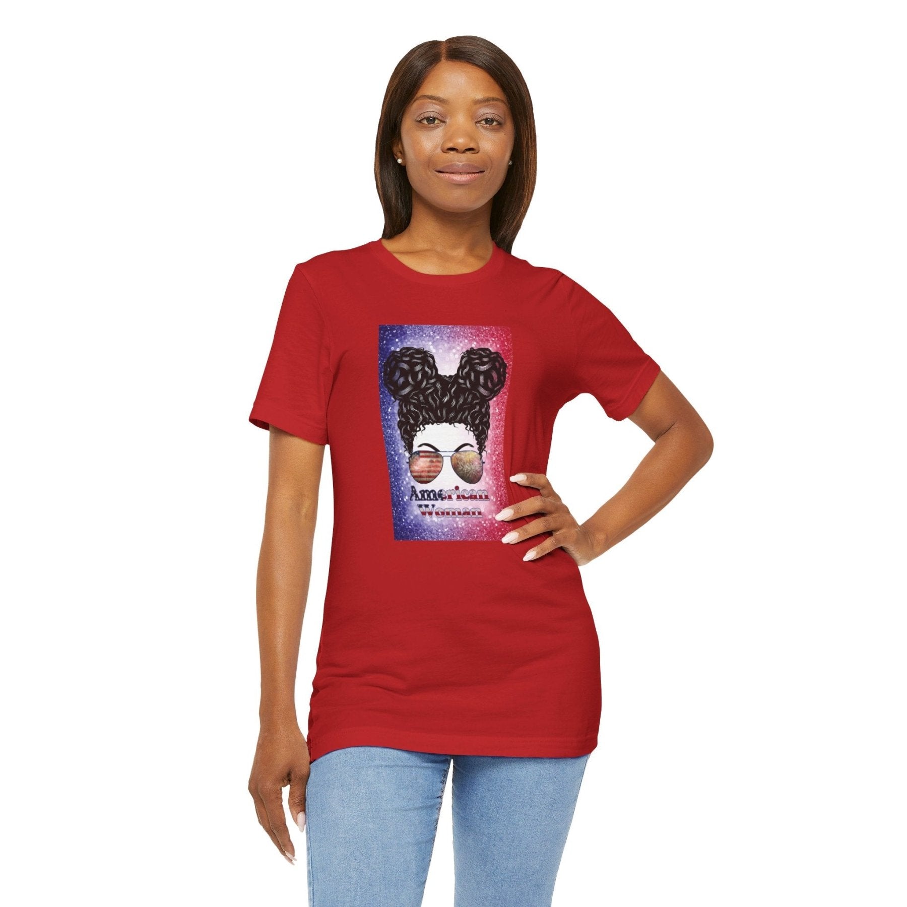 American Woman, Black Hair, Red White Blue Background, Unisex Jersey Short Sleeve Tee - Janlyn's Crafts