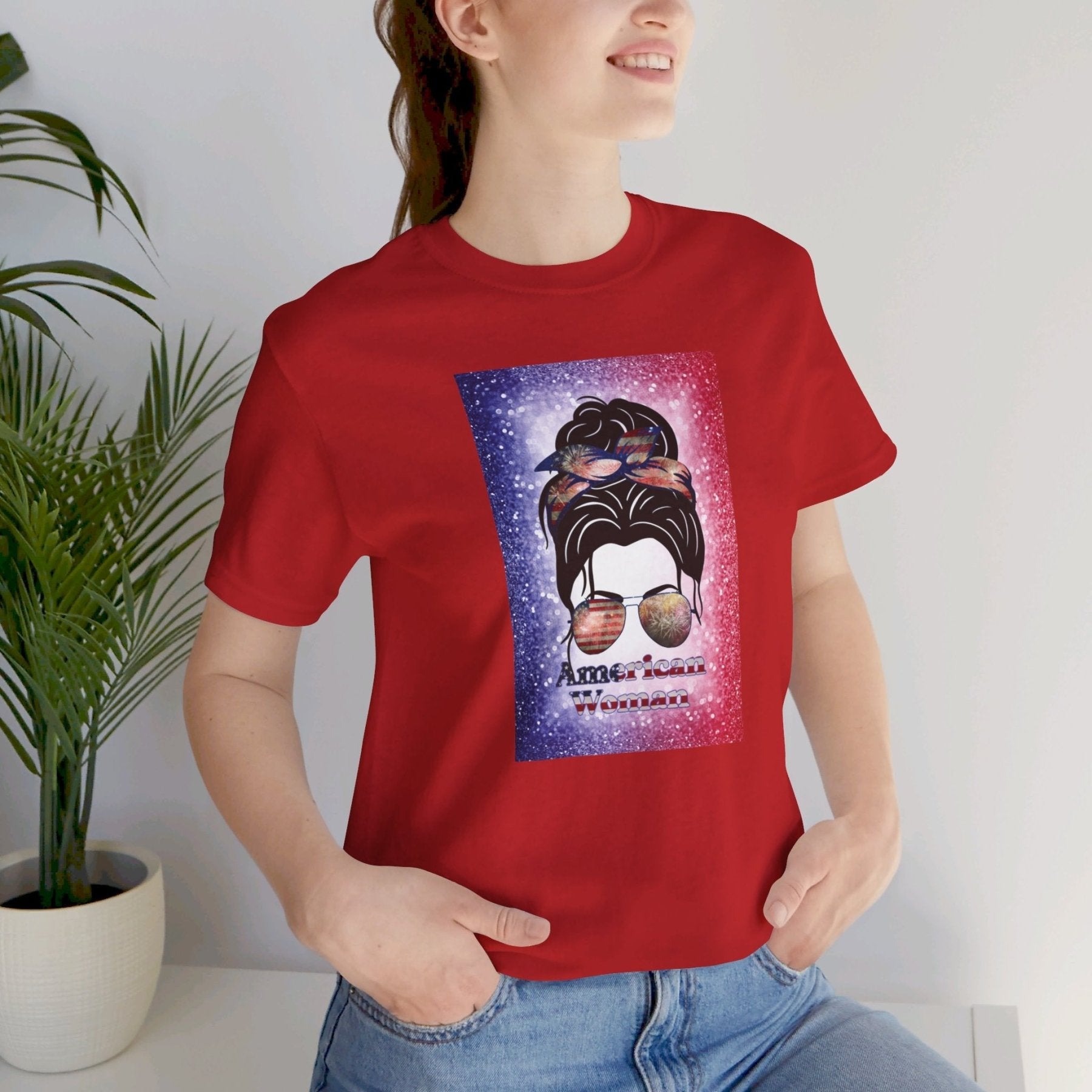 American Woman, Black Hair, Red White Blue Background, Unisex Jersey Short Sleeve Tee - Janlyn's Crafts