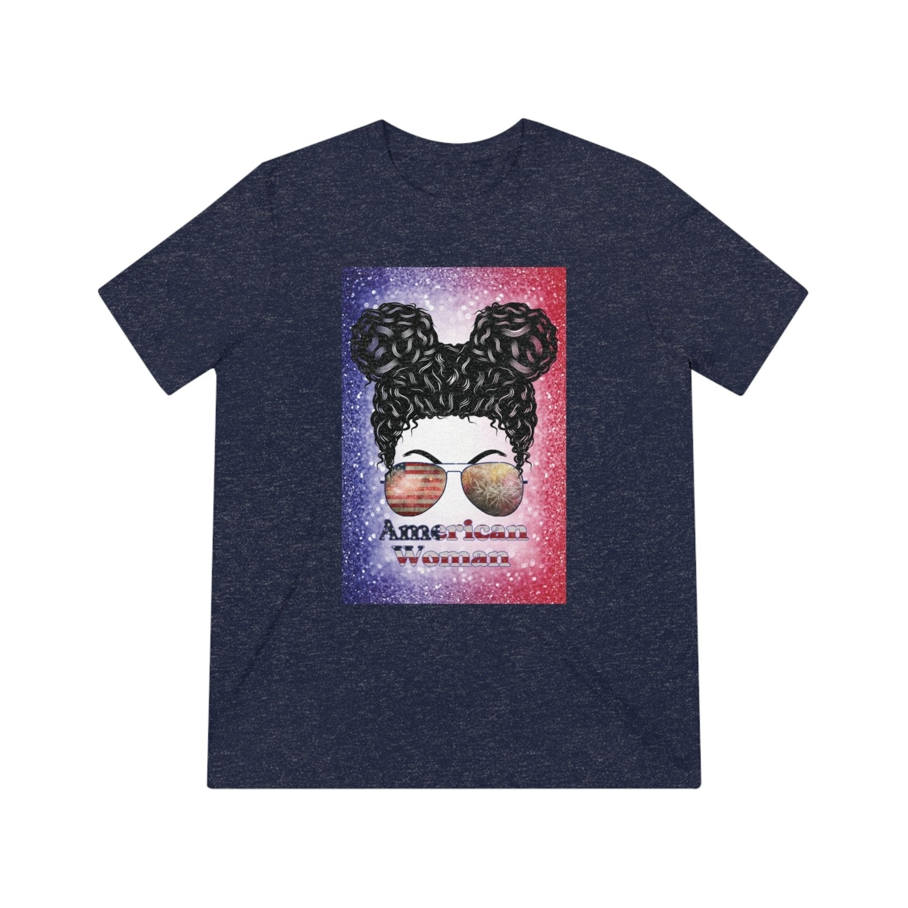 American Woman, Black Hair, Red White Blue Background, Unisex Triblend T-Shirt - Janlyn's Crafts