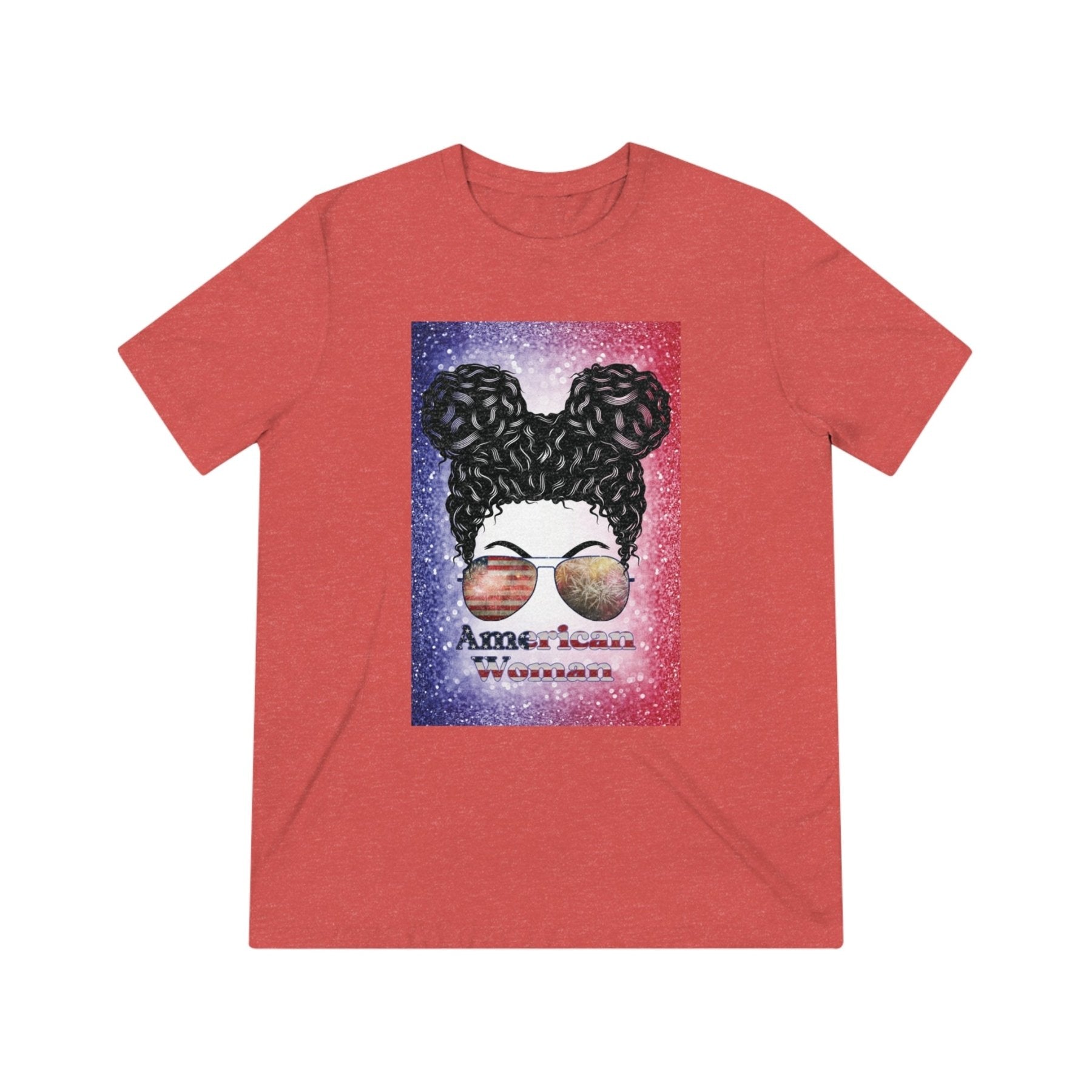 American Woman, Black Hair, Red White Blue Background, Unisex Triblend T-Shirt - Janlyn's Crafts