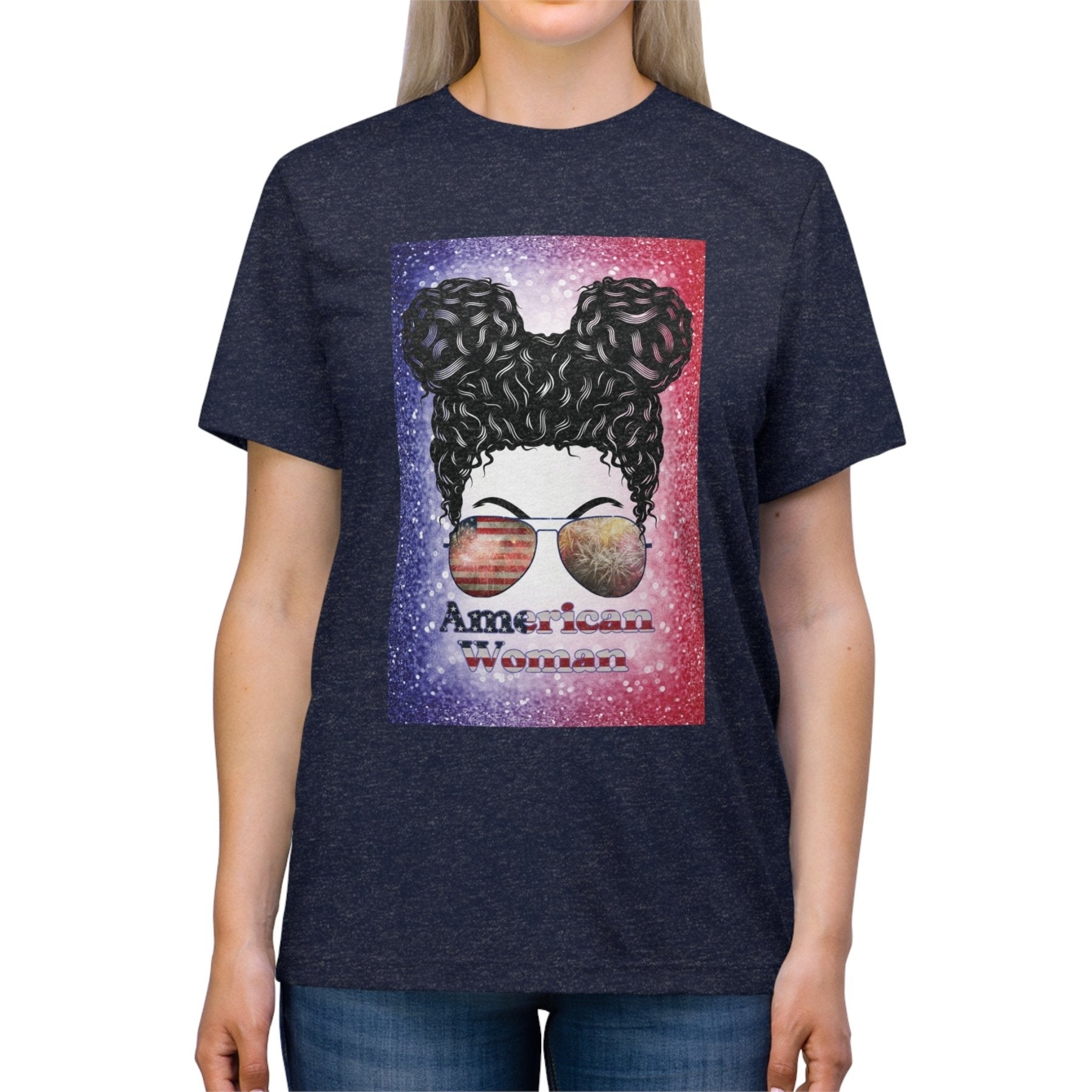 American Woman, Black Hair, Red White Blue Background, Unisex Triblend T-Shirt - Janlyn's Crafts