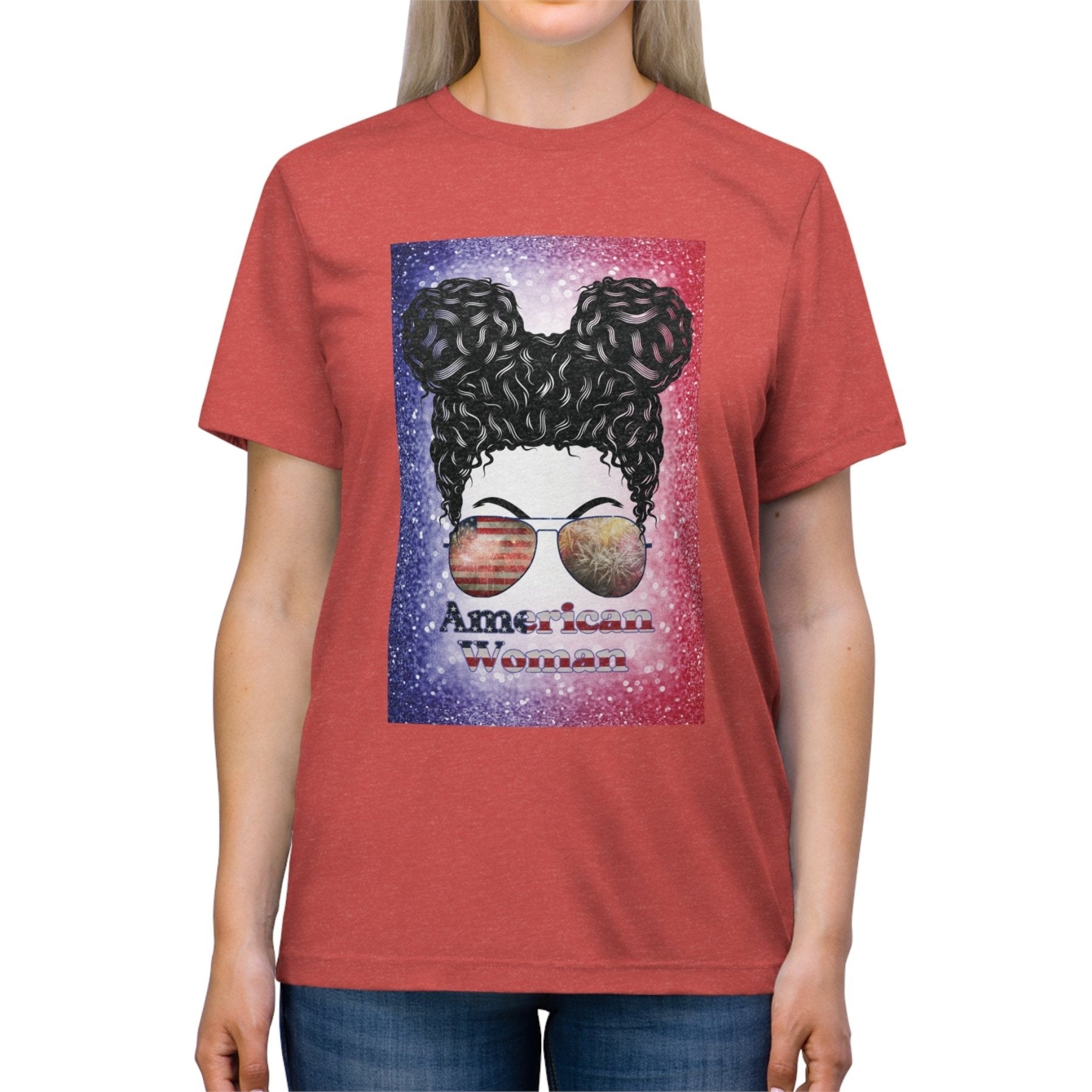 American Woman, Black Hair, Red White Blue Background, Unisex Triblend T-Shirt - Janlyn's Crafts