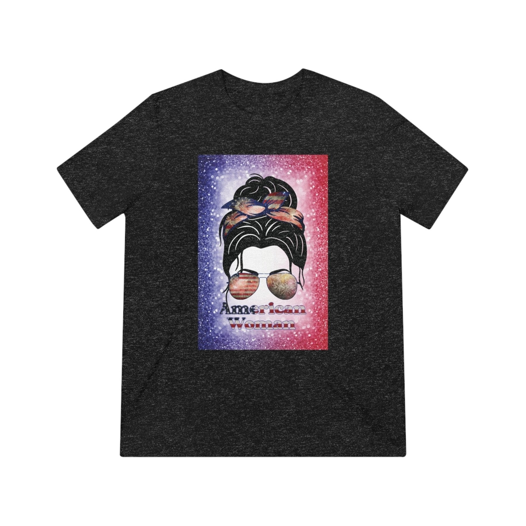 American Woman, Black Hair, Red White Blue Background, Unisex Triblend T-Shirt - Janlyn's Crafts