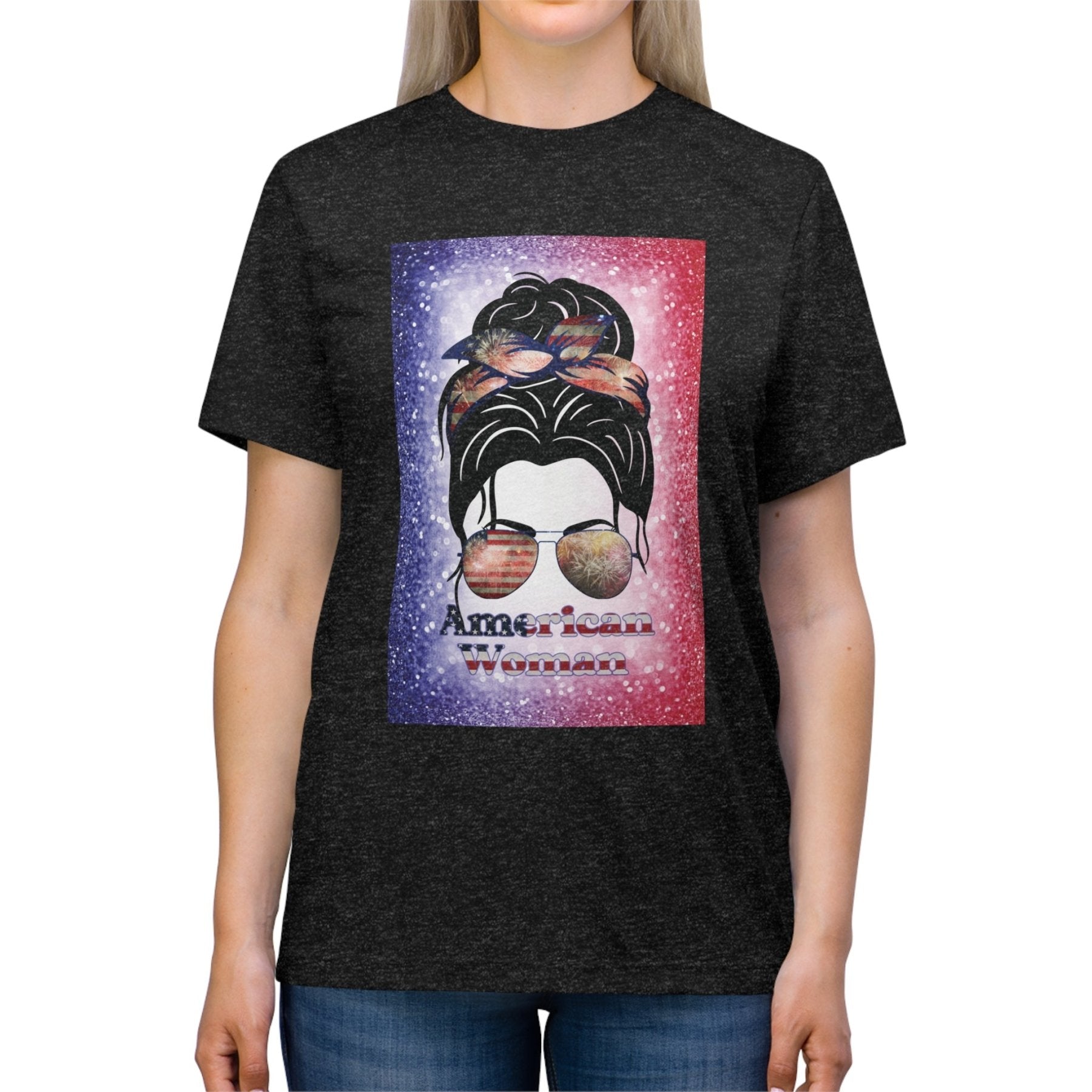 American Woman, Black Hair, Red White Blue Background, Unisex Triblend T-Shirt - Janlyn's Crafts