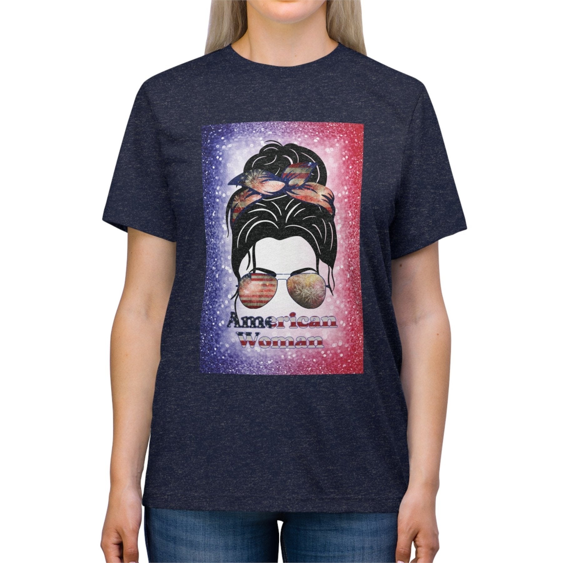 American Woman, Black Hair, Red White Blue Background, Unisex Triblend T-Shirt - Janlyn's Crafts