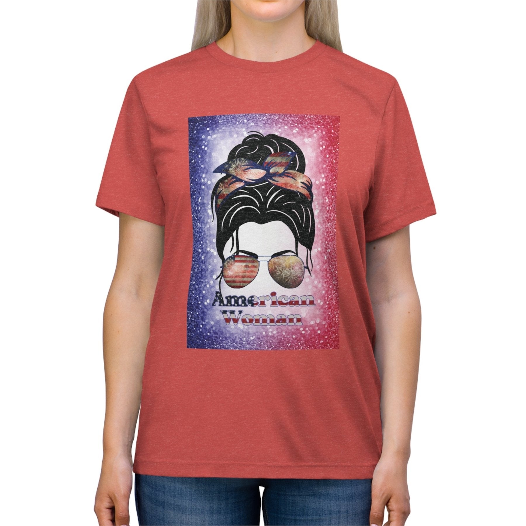 American Woman, Black Hair, Red White Blue Background, Unisex Triblend T-Shirt - Janlyn's Crafts