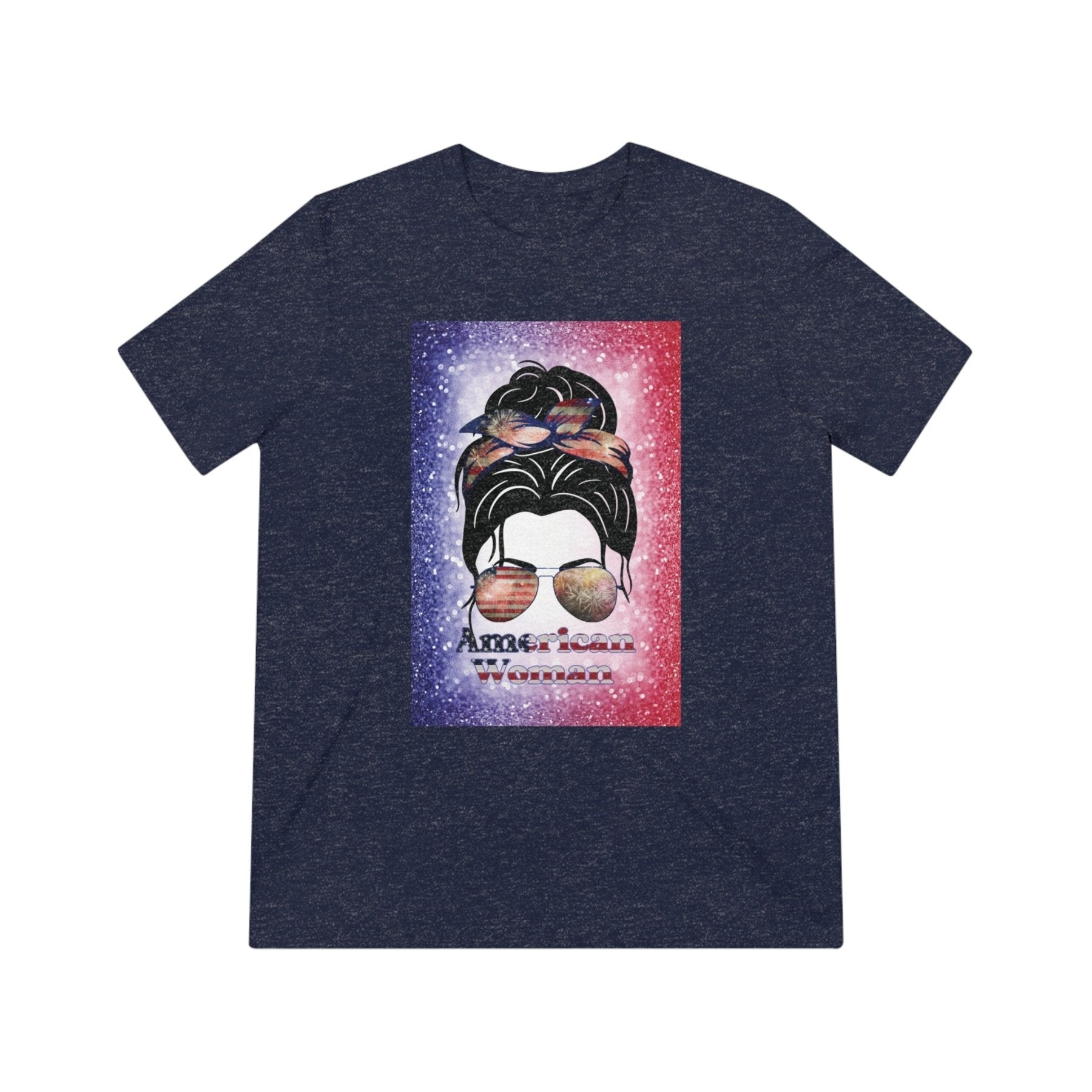 American Woman, Black Hair, Red White Blue Background, Unisex Triblend T-Shirt - Janlyn's Crafts