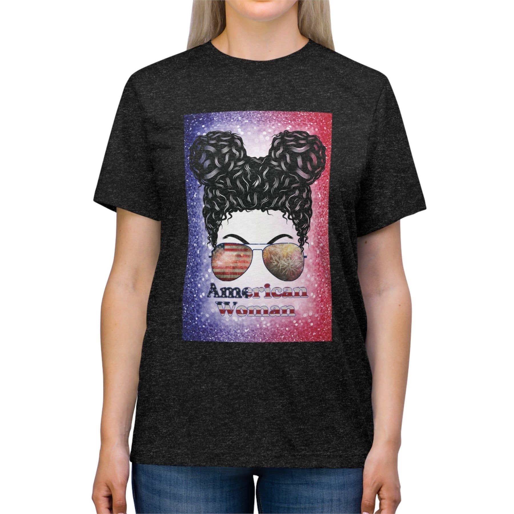 American Woman, Black Hair, Red White Blue Background, Unisex Triblend T-Shirt - Janlyn's Crafts