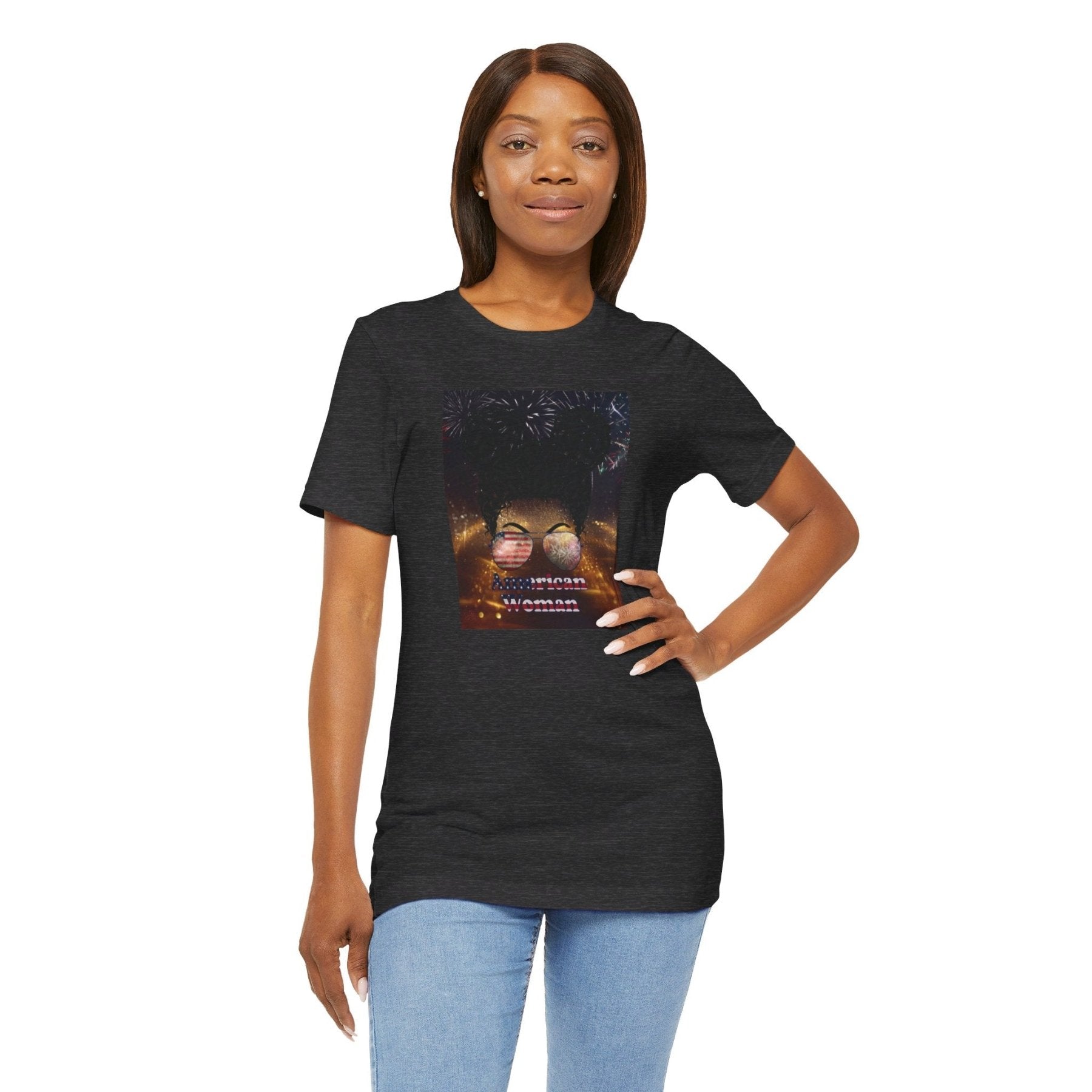 American Woman, Black Hair, Sparkle Background, Unisex Jersey Short Sleeve Tee - Janlyn's Crafts