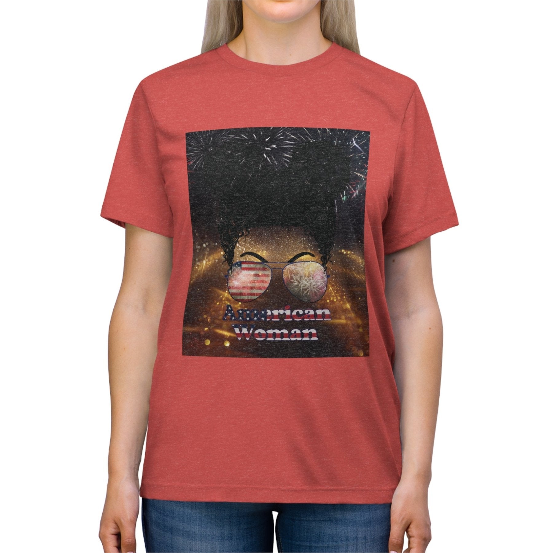 American Woman, Black Hair, Sparkle Background, Unisex Triblend T-Shirt - Janlyn's Crafts