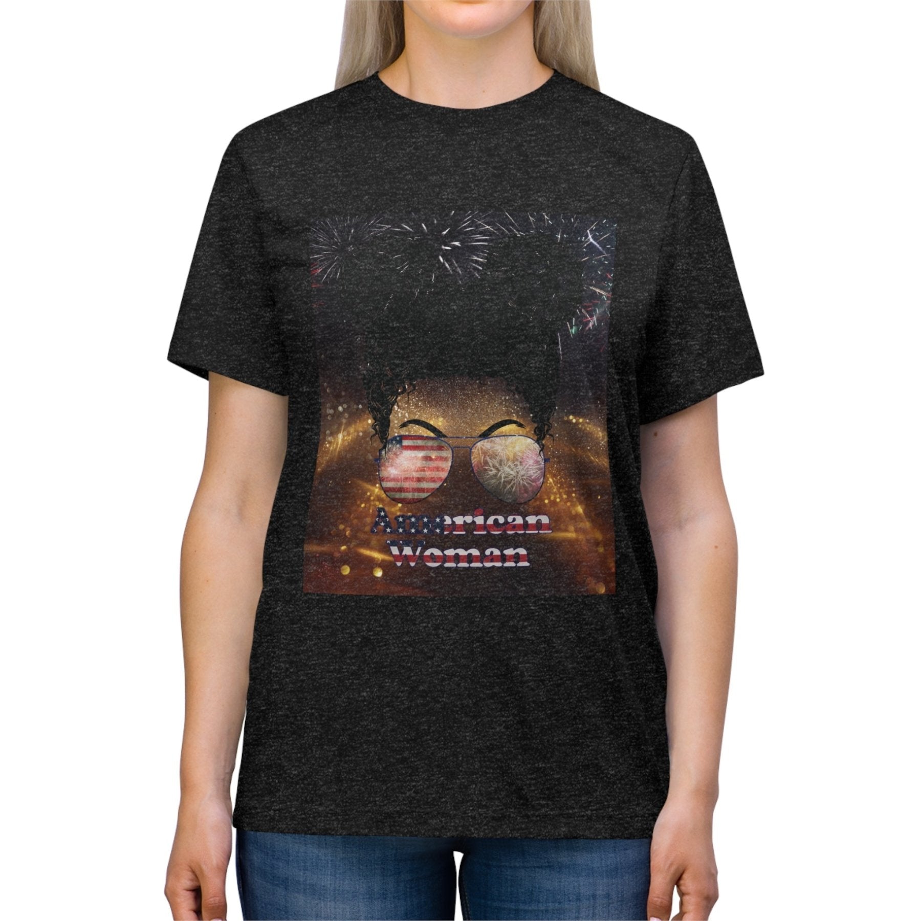 American Woman, Black Hair, Sparkle Background, Unisex Triblend T-Shirt - Janlyn's Crafts