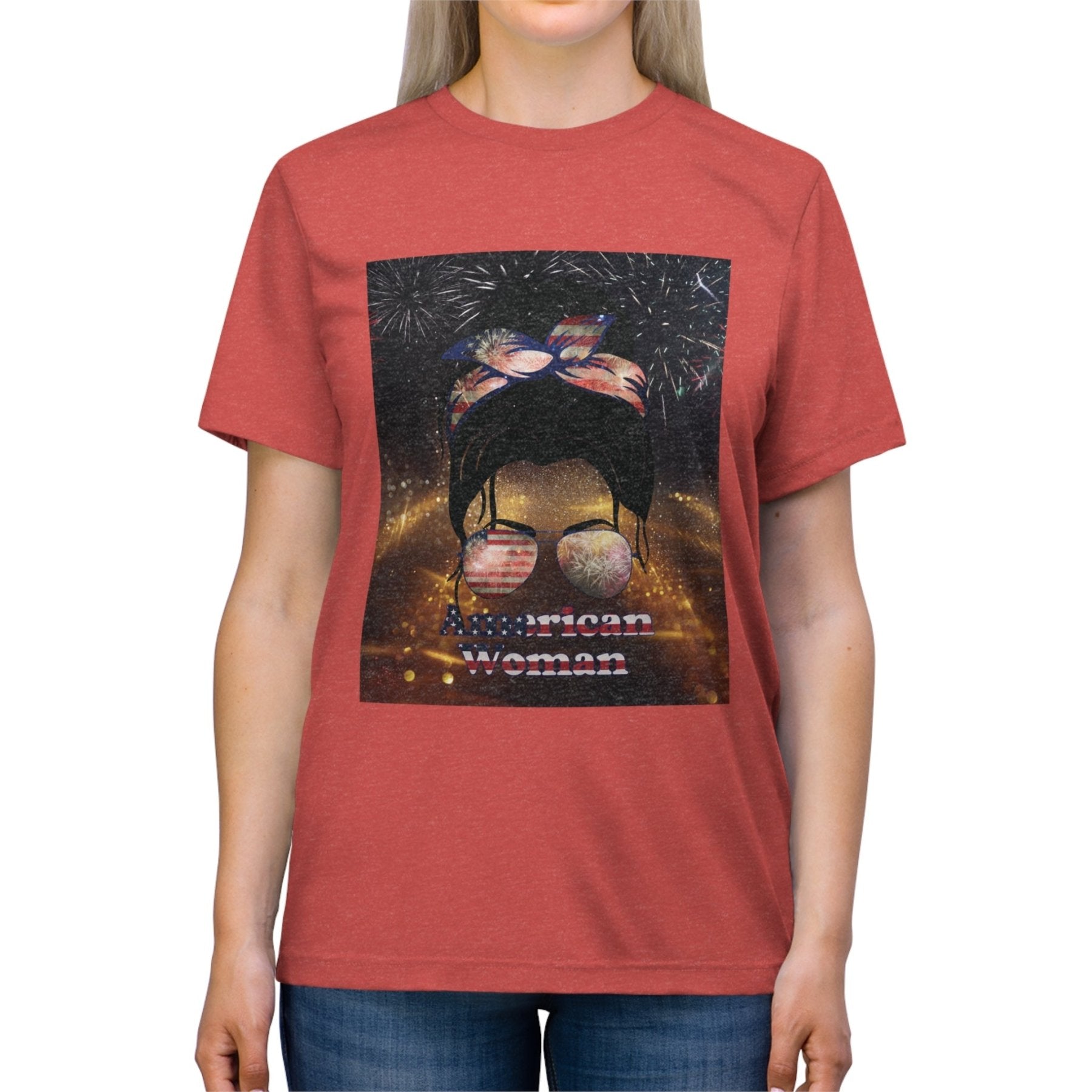 American Woman, Black Hair, Sparkle Background, Unisex Triblend T-Shirt - Janlyn's Crafts