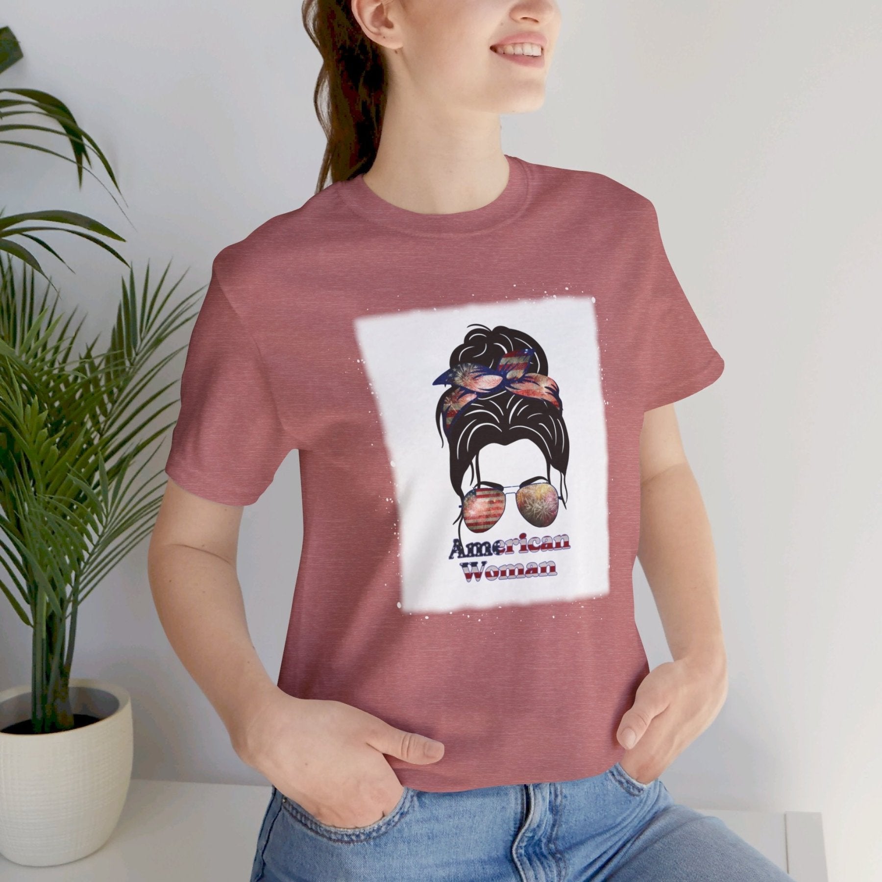 American Woman, Black Hair, White Background, Unisex Jersey Short Sleeve Tee - Janlyn's Crafts